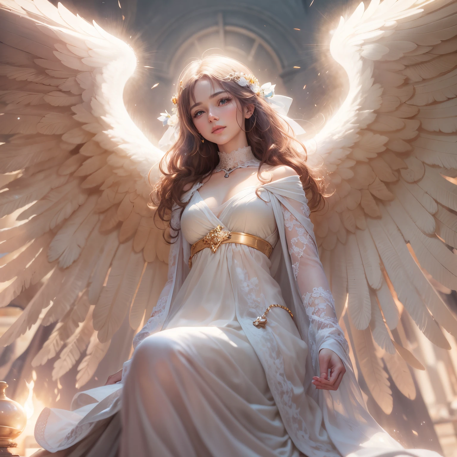 masterpiece, top quality, 8K, real person, realistic, very dense CG, shiny skin, fully focused, heaven, divine glory, radiant, angel, blessing, happiness,