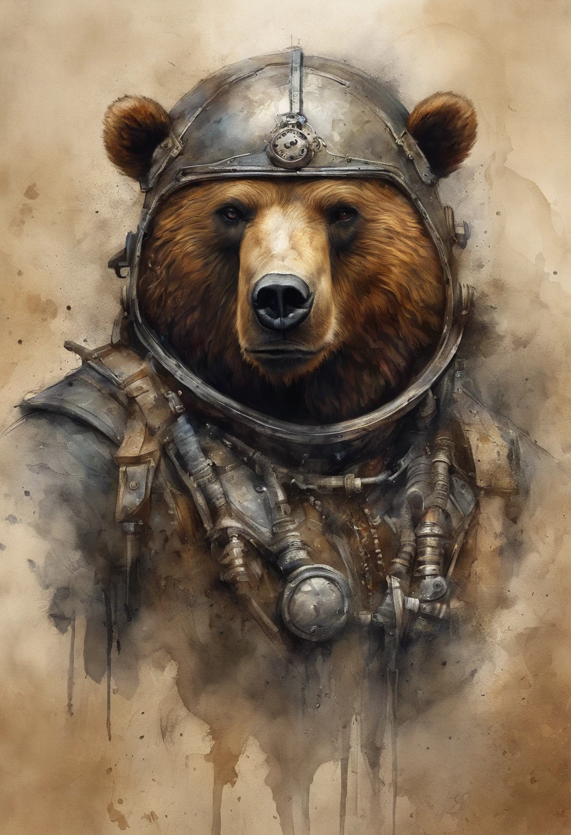 top-quality, Dramatic Lighting, menacing pose, fierce look, epic atmosphere, (((Helmet in the shape of a bear's head))), (((Full body shot))),Metal cat, cyborgs, Cyberpunk style, Clockwork, ((Intricate details)), nffsw, ((Intricate details, hyperdetails)), incandescent lamps, cinematic shot, Vignette, bokeh effect beckground, (dogy), (Full body shot).
