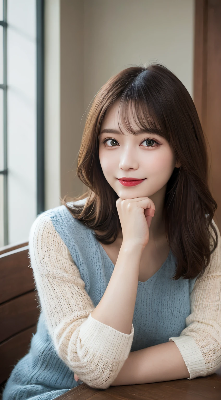 (best quality,ultra-detailed,highres:1.2),8K wallpaper, perfect dynamic composition, beautifully detailed eyes, naturally shaped lips, deep blue knitted dress, full-body portrait, indoor setting, cozy atmosphere, captivating smile, direct eye contact, soft natural lighting, confident, flawless hands.