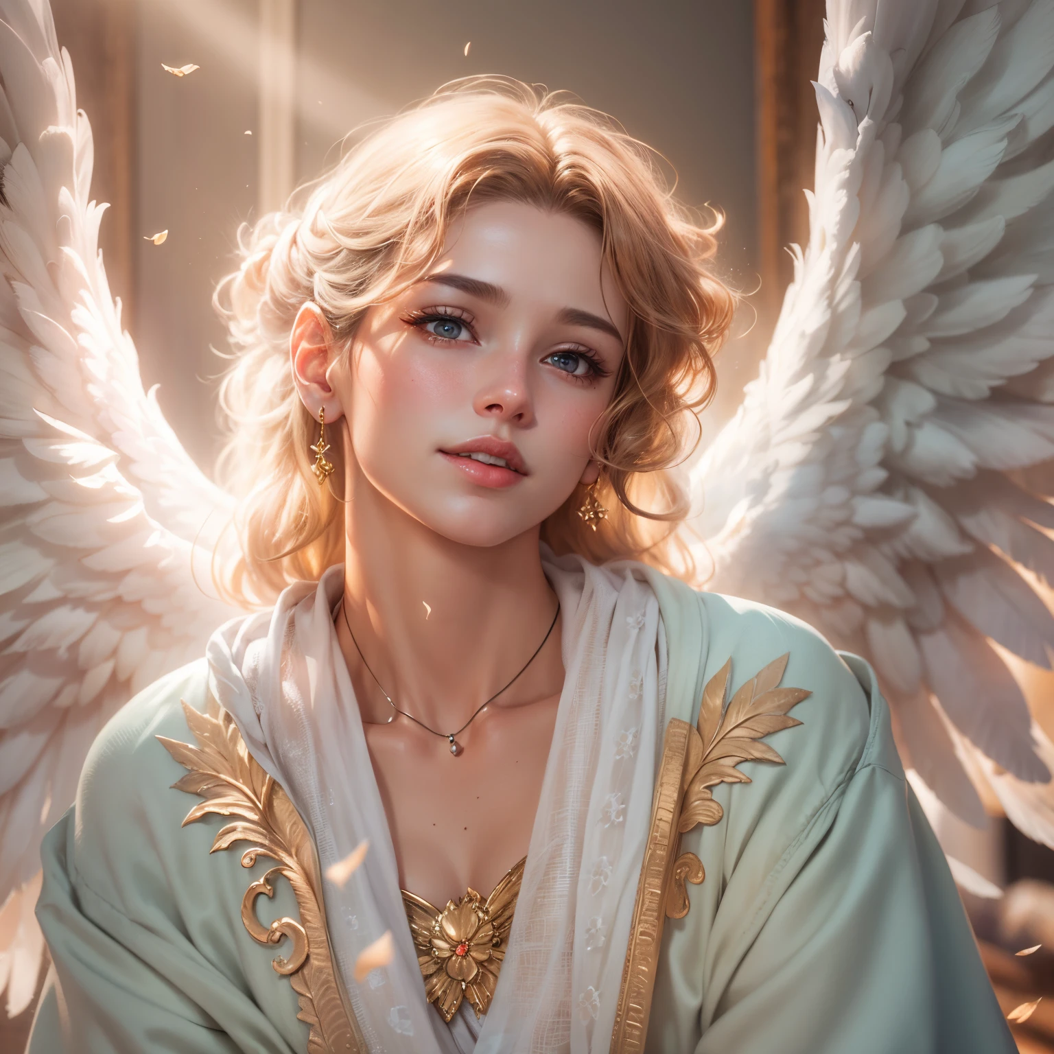 masterpiece, top quality, 8K, real person, realistic, very dense CG, shiny skin, fully focused, heaven, divine glory, radiant, angel, blessing, happiness,