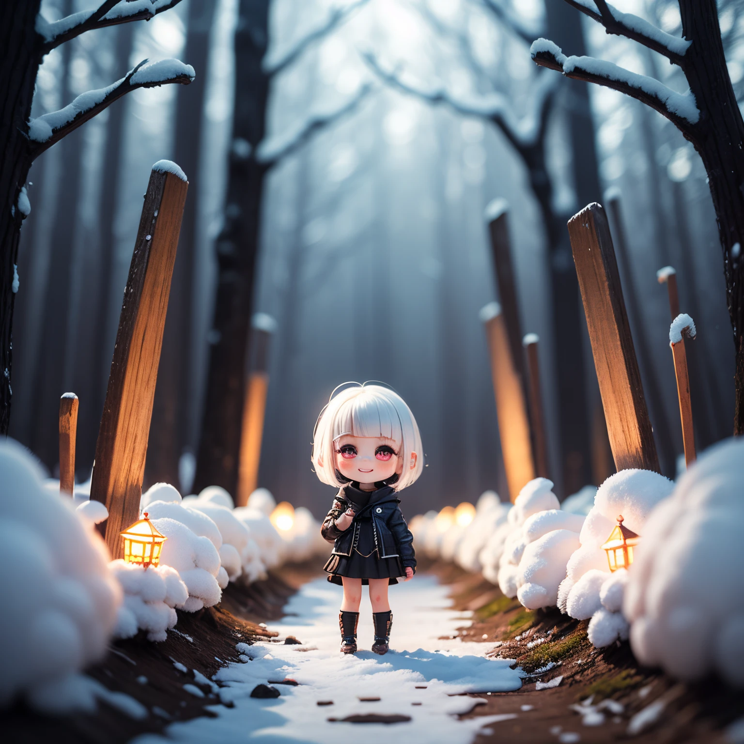 ​masterpiece、top-quality、ultra-detailliert、（Chibi character girl 3D：1.2）、White Bob、wraith、fairy tale winter forest、Standing、Open your mouth and smile、red blush、