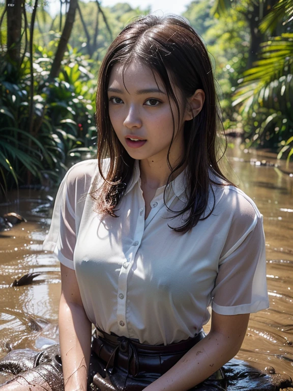 ((top-quality、in 8K、​masterpiece:1.3、Raw photo))、Super high quality photos, tropical jungle、Very beautiful Japan idols, Slim legs, Wear a see-through shirt, My whole body is wet with mud、Hair is also wet, ((Lying on my back in a muddy swamp)), ((The whole body is covered in mud)), Jungle background, Stick out the tongue, (Photorealistic: 1.4), (hyper realisitic: 1.4), (Realistic: 1.3), (Smooth lighting: 1.05), (Improved film illumination quality: 0. 9), 32K, 1 girl, 20yr old, (Quality Improvement: 1.4), (Realistic skin texture of the highest quality: 1.4), Narrow eyes, Narrow face, Fine eyes, (Strengthens the atmosphere of the body line: 1.1), (Beautiful skin texture enhancement: 1.1), Cinematic lighting、Pouring rain、the whole body is wet、Hair is also wet、(rainy wet、Wet in the rain、Wet body:1.2)、 ((Lying on my back in a muddy swamp)), ((The whole body is covered in mud)), ((My hair, face, and body are all covered in mud.))