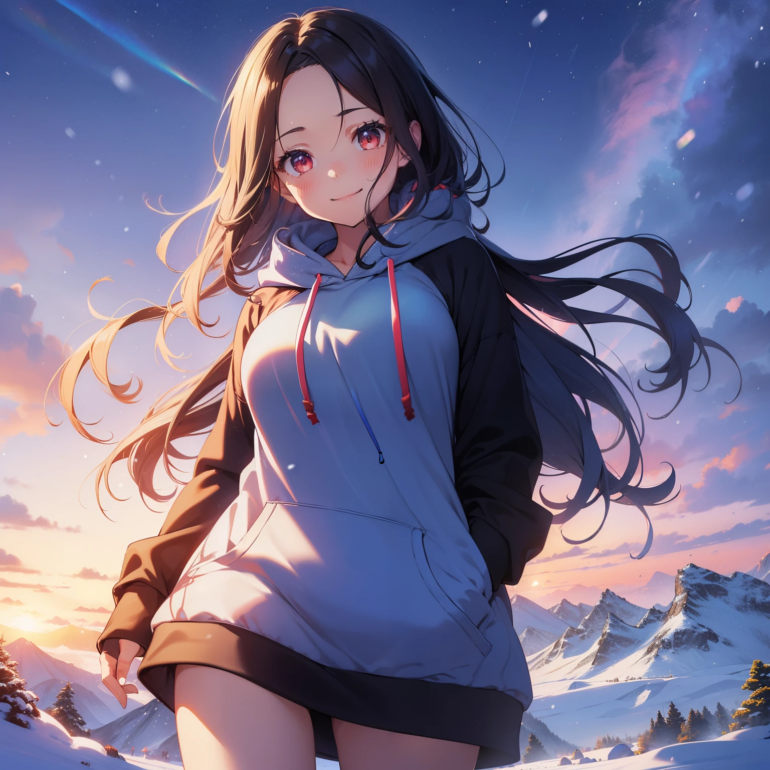 (masutepiece,Best Quality,8K),(extremely detailed CG1.1),teens girl,Smile,large boob,(From below:1.2),Intricate details , Hyper realistic, Perfect Anatomy,A dark-haired,Red Eyes,(((Forehead))),Permed hair with wavy hair,(((length hair))),Hair over one eye,hair slicked back,Full body,(((Blue Hoodie,Winter gear.Long black pants))),blush,Happy smile,(((in snow mountain))),Lens Flare,Wind,Magnificent view,(chromatic abberation:1.3),Dynamic Angle,Cowboy Shot,Looking at Viewer,It's snowing,is standing