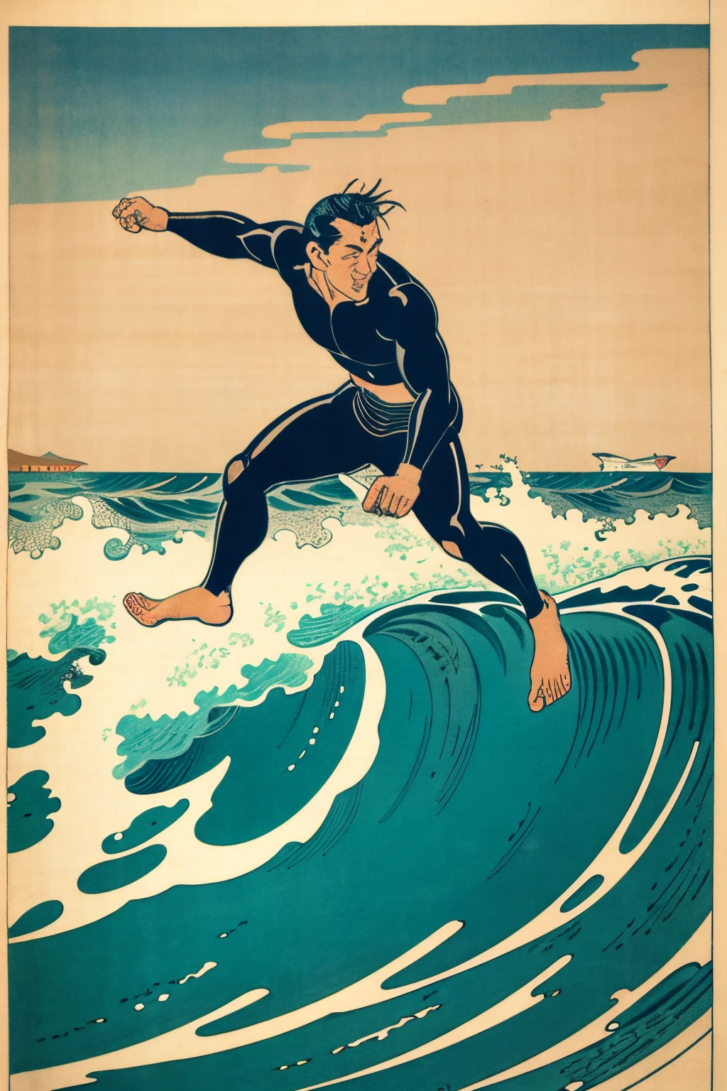 Ukiyoe, Hiroshige Utagawa, Man surfing on big waves, Mt. Fuji in the distance