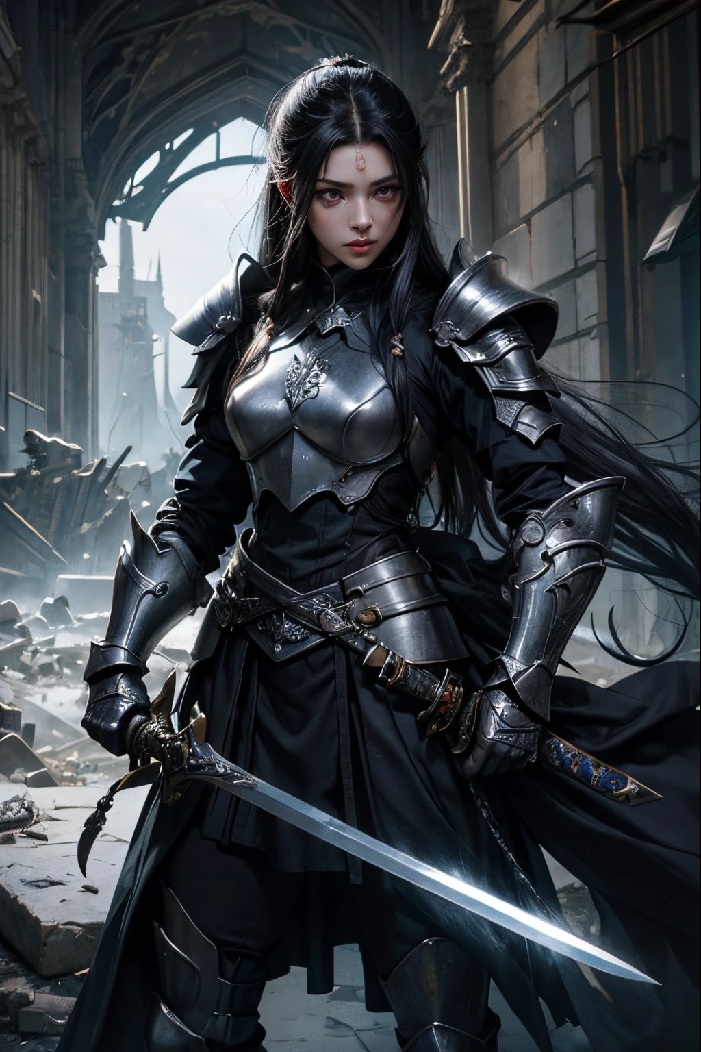 One Beautiful Woman。Beautiful double eyes。Passed nasal muscle。well-shaped thin lips。A dark-haired。poneyTail。wearing silver-white armor、Has a long sword in one hand。she stands in a ruined city。