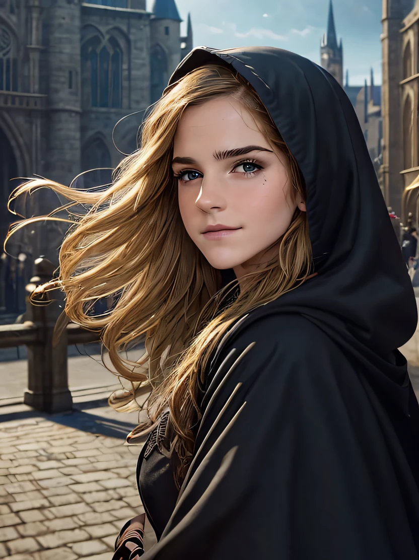 (((​masterpiece、top-quality、ultra-detailliert、ighly detailed)))、Unique lighting effects、cowboy  shot、face lights、(((Portrait of a 40 year old female wizard)))、cowboy  shot、femele、Emma watson、Elegant person、slender physique、Sorcerer、Black magician's robe with delicate and intricate pattern（Hooded）Wearing、（Wearing a black hood）、Dirty Blonde Hair、Big blue eyes、Detailed face and eyes、Sharp eyes、Focus from the waist up、A slight smil、Detailed hand depiction、Summer afternoon、University Auditorium、Medieval city gate behind、Fantasyart、dark fantasy vibe、Dynamic action、watching at viewers