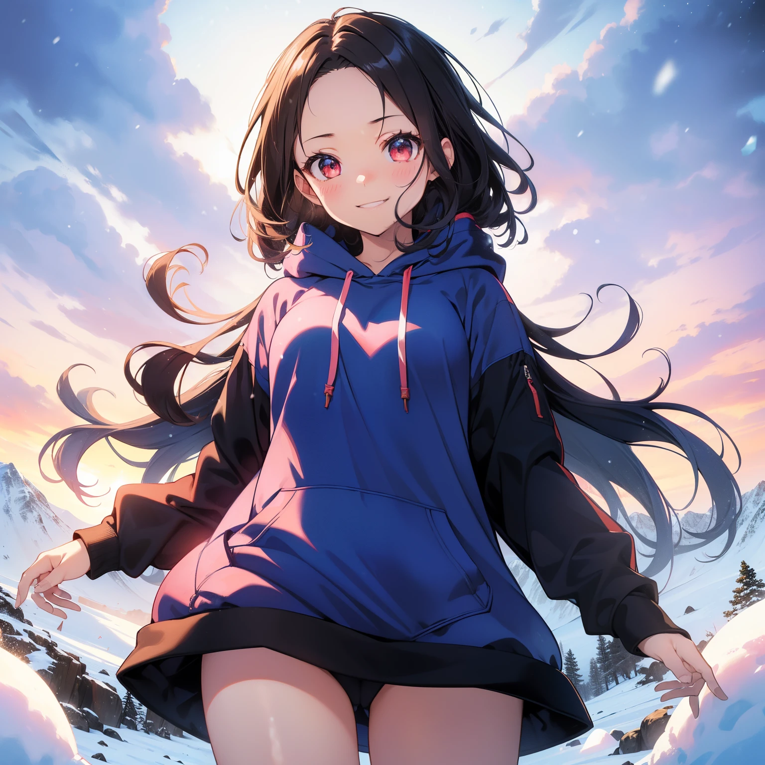 (masutepiece,Best Quality,8K),(extremely detailed CG1.1),teens girl,Smile,large boob,(From below:1.2),Intricate details , Hyper realistic, Perfect Anatomy,A dark-haired,Red Eyes,(((Forehead))),Permed hair with wavy hair,(((length hair))),Hair over one eye,hair slicked back,Full body,(((Blue Hoodie,Winter gear))),blush,Happy smile,(((in snow mountain))),Lens Flare,Wind,Magnificent view,(chromatic abberation:1.3),Dynamic Angle,Cowboy Shot,Looking at Viewer,It's snowing,is standing