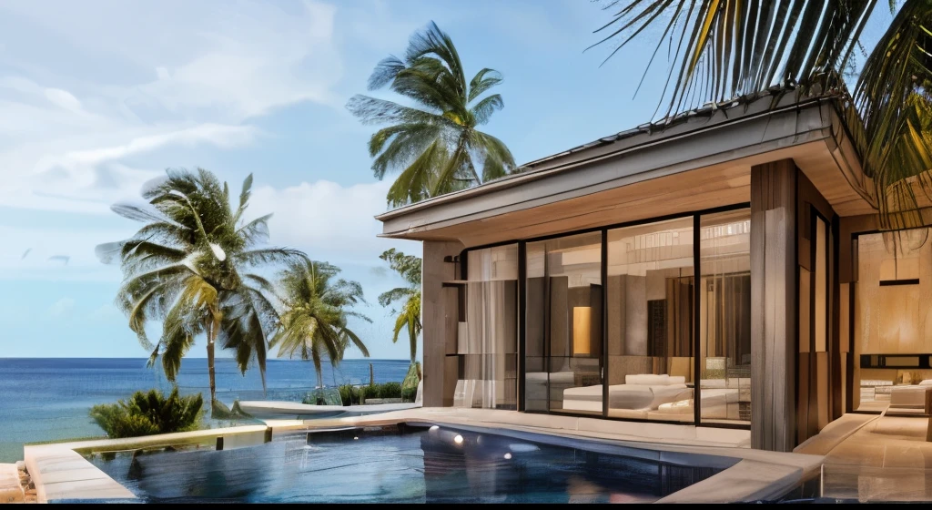 (masterpiece),(high quality), best quality, real,(realistic), super detailed, (full detail),(4k),8k,modern house exterior design,Modern architecture,Sandstone,whitewall,Beautiful_sky,Day light, no_humans, outdoors,sky,tree,Garden flower front of building, beach, sea, coconut trees, palm trees, mediterranean architecture, coastal villas
