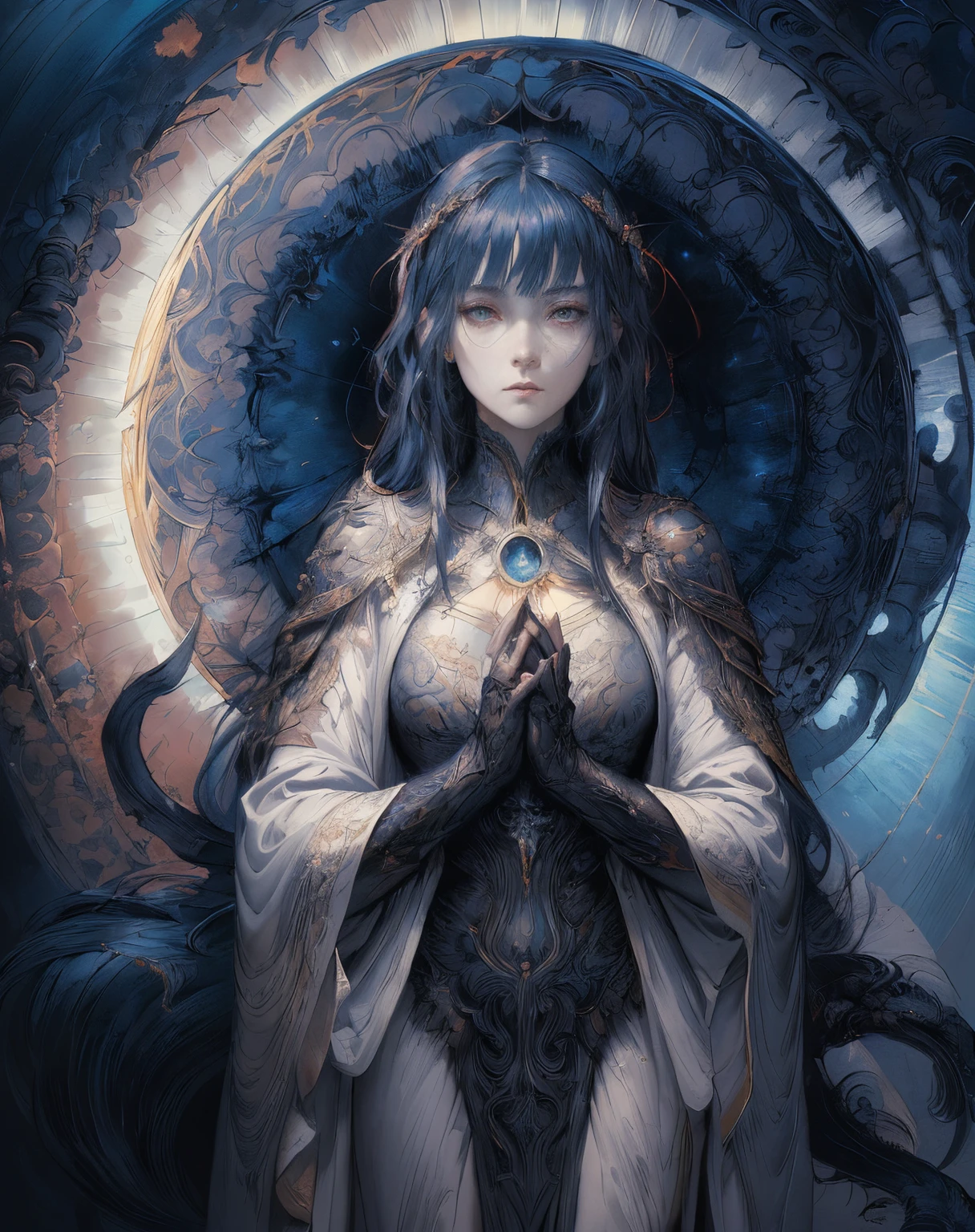 close-up of a woman in a white robe on a light background, omen from valorant, Beautiful woman with blue long hair - goddess of light, dark fantasy style art, Dark art style, painted in the style arcane, alphonse mucha and rossdraws, in style of dark fantasy art, eerie and grim art style, occult details, eerie art style, dan mumford tom bagshaw, 4k, tmasterpiece, higly detailed, face covered with robe, closed dress, All the details, Crystal Eyes, church, White mantle, white church robe, clasped hands, prayer, The Long Sword