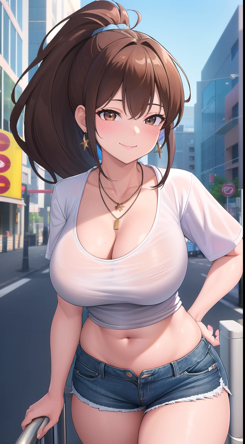 (best quality:1.5, highres, UHD, 4K, detailed lighting, shaders), brown ponytail, breasts, white t-shirt, belly, necklace, earrings, cleavage, jean shorts, thighs, sexy, erotic, lewd, (pov, close shot), street background, smiling