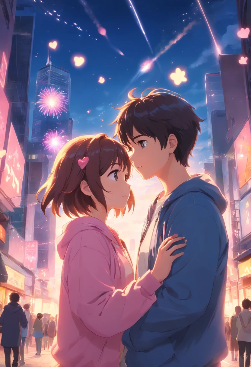 natta，in pink，Fireworks all over the sky，Heart-shaped bubbles，children couple，Cartoonish，Chubby little girl and little boy hugging each other，There are glowing fireflies around，，Cute and cute，KIDS ILLUSTRATION，glowing effect，dingdall effect，depth of fields，to emphasize，Real light，ray traycing，oc rendered，hyper realisitc，Best quality，8K，Works of masters，ultradetailed，Detailed pubic hair，Correct anatomy，Eyes in focus，bokeh，Facial features are carefully drawn