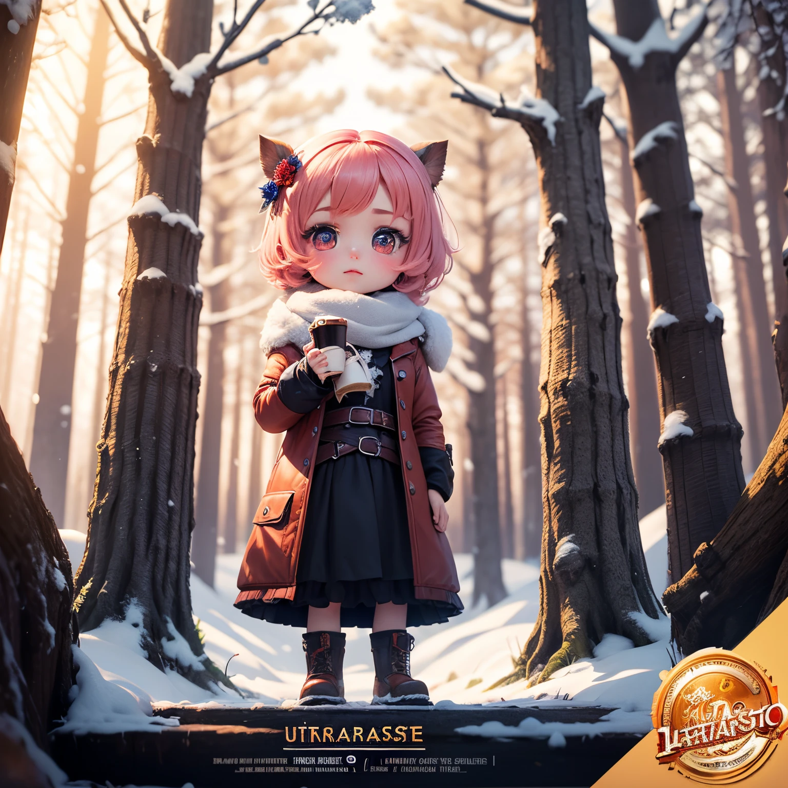masterpiece、top-quality、ultra-detailliert、(Chibi character 3D:1.27)、(Romance movie poster:1.3)、fairy tale winter forest、Standing、Staring、red blush、