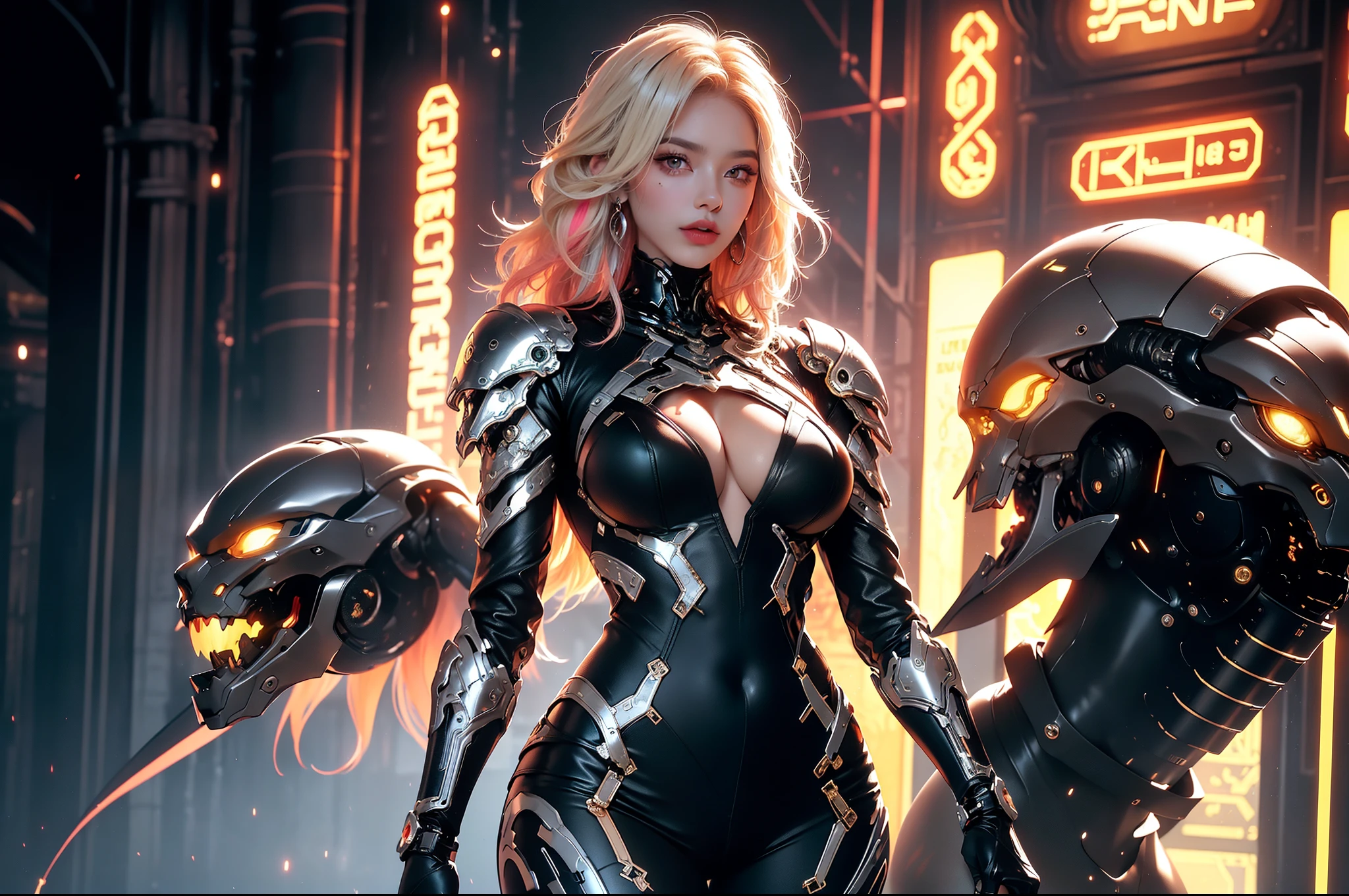 ((Fighting Demonic Beasts))、top-quality、masterpiece、 high resolution、(Photorealsitic:1.4)、russian 20 year old woman, Raw photo、golden hair、glowy skin、(((1 Mechanical Girl)))、With a beautiful knife、(Blue Metal Bodysuit)、(beautiful forest background)、(Fighting Demonic Beasts)、(Small LED)、((super realistic details))、vertical giant monster background),globalillumination、Shadow、8K、ultrasharp、Colossal tits、Raw skin is exposed in cleavage、metals、Details of complex ornaments、Japan details、highly intricate detail、Realistic light、CGSoation Trends、Red Eyes、Eyes shining towards the camera、neon details、(Mechanical edge blood vessels connected to tubes)、Mechanical vertebrae attached to the back、mechanical cervical attaching to neck、(Wires and cables connecting to the head)、Gundam、Small LED、,Mechanical thighs、