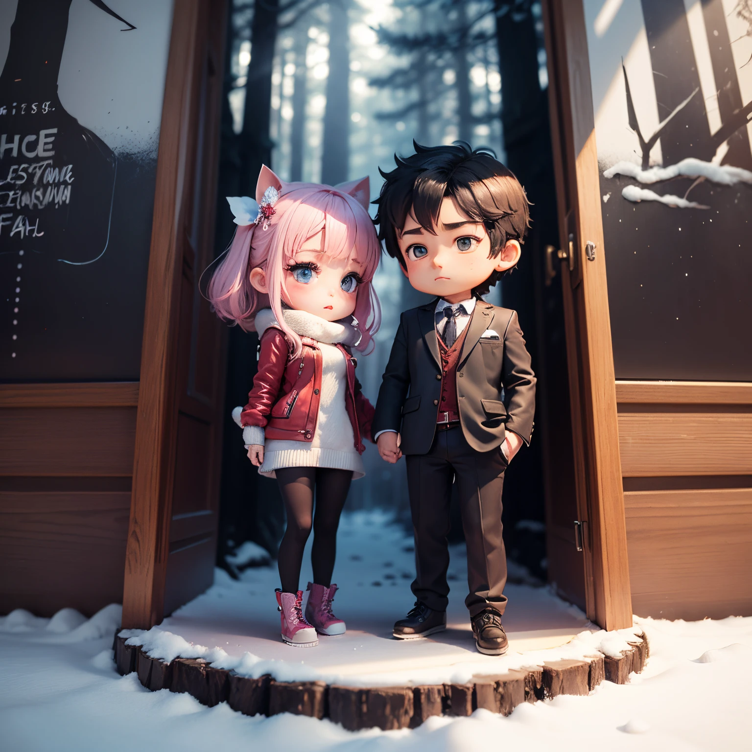 ​masterpiece、top-quality、ultra-detailliert、（Chibi character 3D couple：1.27）、(love movie poster:1.3)、fairy tale winter forest、Standing、Staring、red blush、