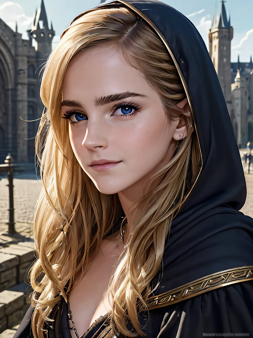 (((masterpiece、top-quality、ultra-detailliert、ighly detailed)))、Unique lighting effects、cowboy shot、(((Portrait of a 40 year old female wizard)))、bustshot、femele、Emma watson、Elegant person、slender physique、Sorcerer、Black magician's robe with delicate and intricate pattern(Hooded)Wearing、(Wearing a black hood)、Dirty Blonde Hair、Big blue eyes、Detailed face and eyes、Sharp eyes、Focus from the chest up、A slight smil、Detailed hand depiction、Summer afternoon、University Auditorium、Medieval city gate behind、Fantasyart、dark fantasy vibe、Dynamic action、watching at viewers