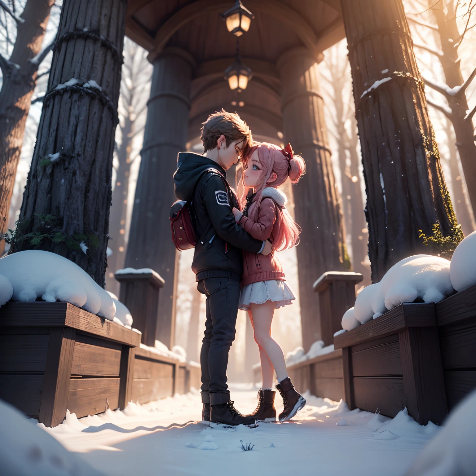 masterpiece、top-quality、ultra-detailliert、(Chibi character 3D couple:1.27)、(love movie poster:1.3)、fairy tale winter forest、Standing、Staring、red blush、