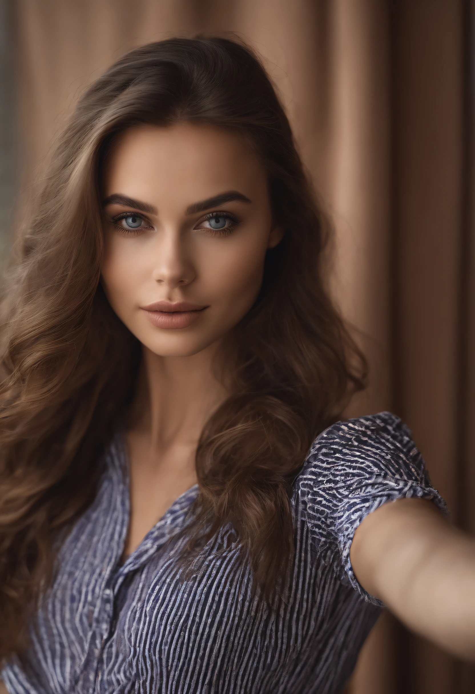 Arafed woman completely , fille sexy aux yeux bruns, dressed, ultra realist, Meticulously detailed, Portrait Sophie Mudd, cheveux bruns et grands yeux, Selfie d'une jeune femme, Violet Myers, sans maquillage, maquillage naturel, looking straight at camera, Visage avec Artgram, Maquillage subtil, Medium to large bust. Elle aime l'environnement. Elle est souriante. He wears a tall hat with the name of the Rémora association