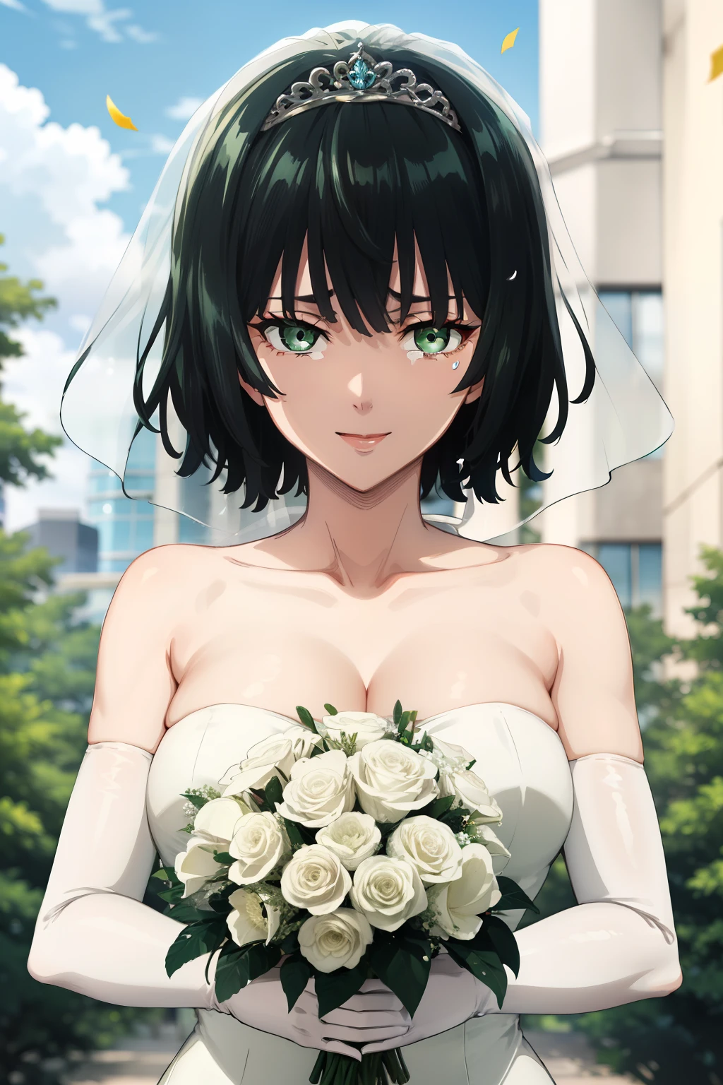 masterpiece, best quality, highres, aaichika, tiara, bridal veil, necklace, cleavage, wedding dress, strapless dress, white dress, white gloves, elbow gloves, garden on background, smile, open mouth, tears, upper body, confetti, holding bouquet, bouquet, short dark green hair, curly hair, green eyes,