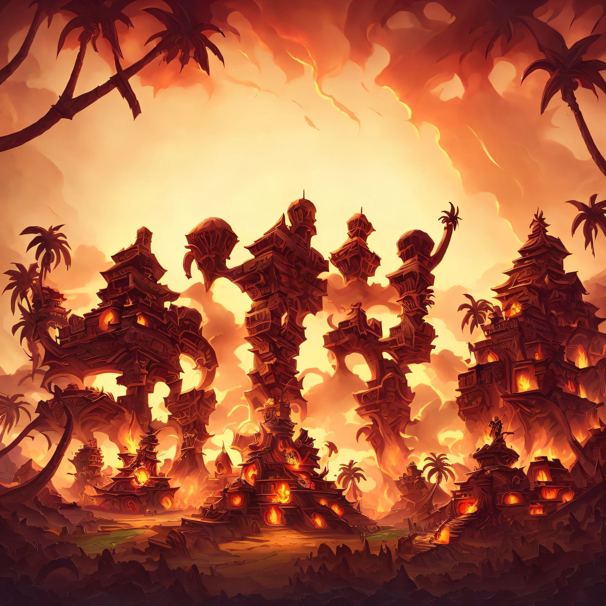 a person standing in front of a fire々Group illustration of, Hearthstone Card Game Artwork. ", world of warcraft art style, Fantasy RPG Book Illustration, Hearthstone Card Game Artwork, Fantasy Hearthstone Art Style, high fantasy illustration, epic fantasy digital art style, Burning Village, Hearthstone artwork, epic rpg artwork, detailed game art illustration, epic fantasy illustration, background artwork