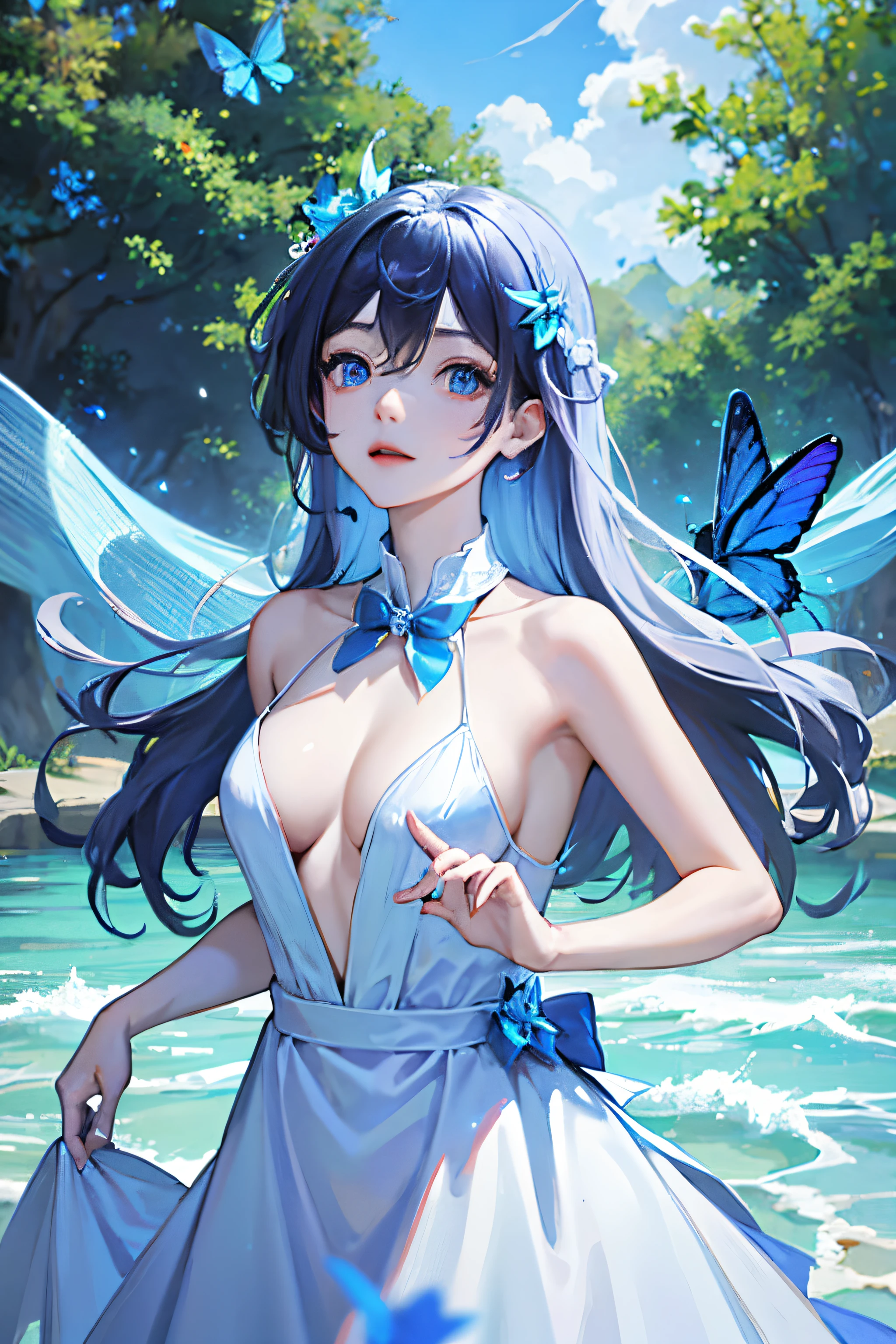 1 girl, Transparent water, blue butterflies, Pure white gauze dress, Sparkling