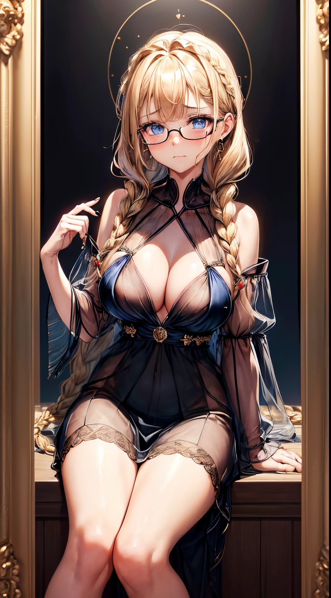 1womanl,Golden head hair, ,((Impatient expression)),Beautiful breasts,thin black tube top,well-styled,,(Facing the front)(((Blushing cheeks、Surprised look)),(((Braids))),((( Portrait from the knee up)))Frameless glasses,Blue eyes,(Bangs are aligned)(((see -through)))((Mouth open))