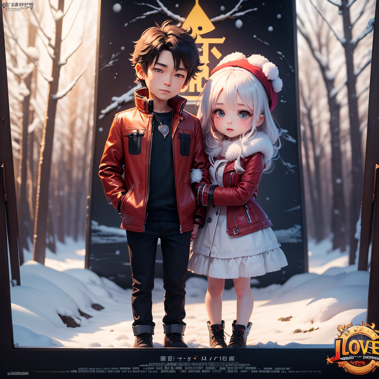 ​masterpiece、top-quality、ultra-detailliert、（Chibi character 3D couple：1.27）、(love movie poster:1.3)、fairy tale winter forest、Standing、Staring、red blush、