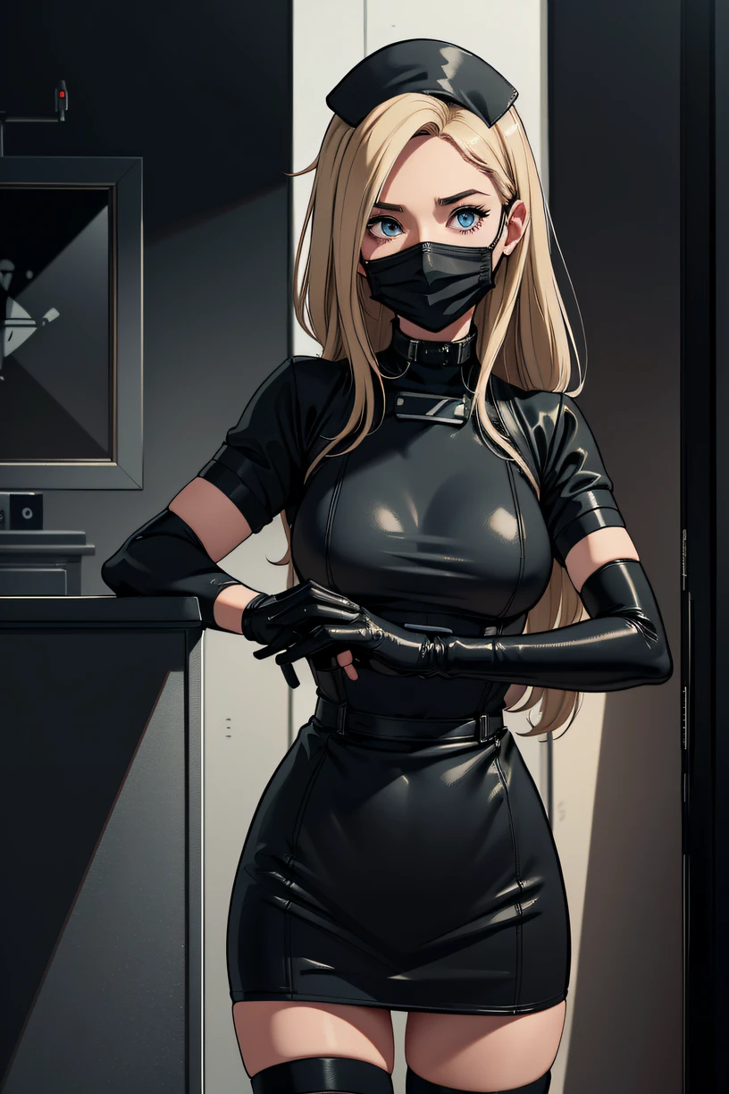 black nurse, 1woman, solo, black nurse cap, black wear, ((black legwear, zettai ryouiki)), black elbow gloves, blonde hair, blue eyes, ((black surgical mask, covered nose)), standing, ((surgery room)), sharp outline, short sleeves, mature female, 35 years old, best quality, masterpiece