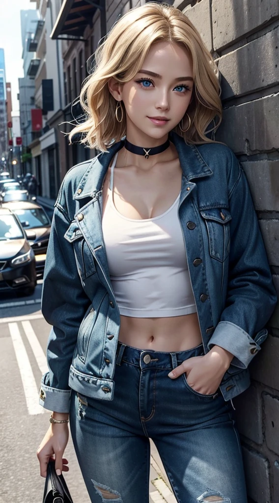 A 23-year-old white woman with unparalleled beauty.、blue eyess、dark blonde、hair is wavy、Bob Hair、She wears a ribbon headband on her head.、The ends of the hair are curled upwards、leaning against a wall on a city street、a smile、View from the front、wearing black tanktop、wearing a black choker、I'm wearing hot pants made of jeans fabric with tight distressing.、You have one hand in your pocket、The navel is out、My abs are cracked、Slender yet well-proportioned body、sunlight is shining from above、Photorealistic images、8K picture quality、I'm punching my chest、I don't want my head to disappear from the screen.、The color of the jacket is random、I'm wrapping my jacket around my waist、I'm pulling my hair up、Wearing accessories on your wrist