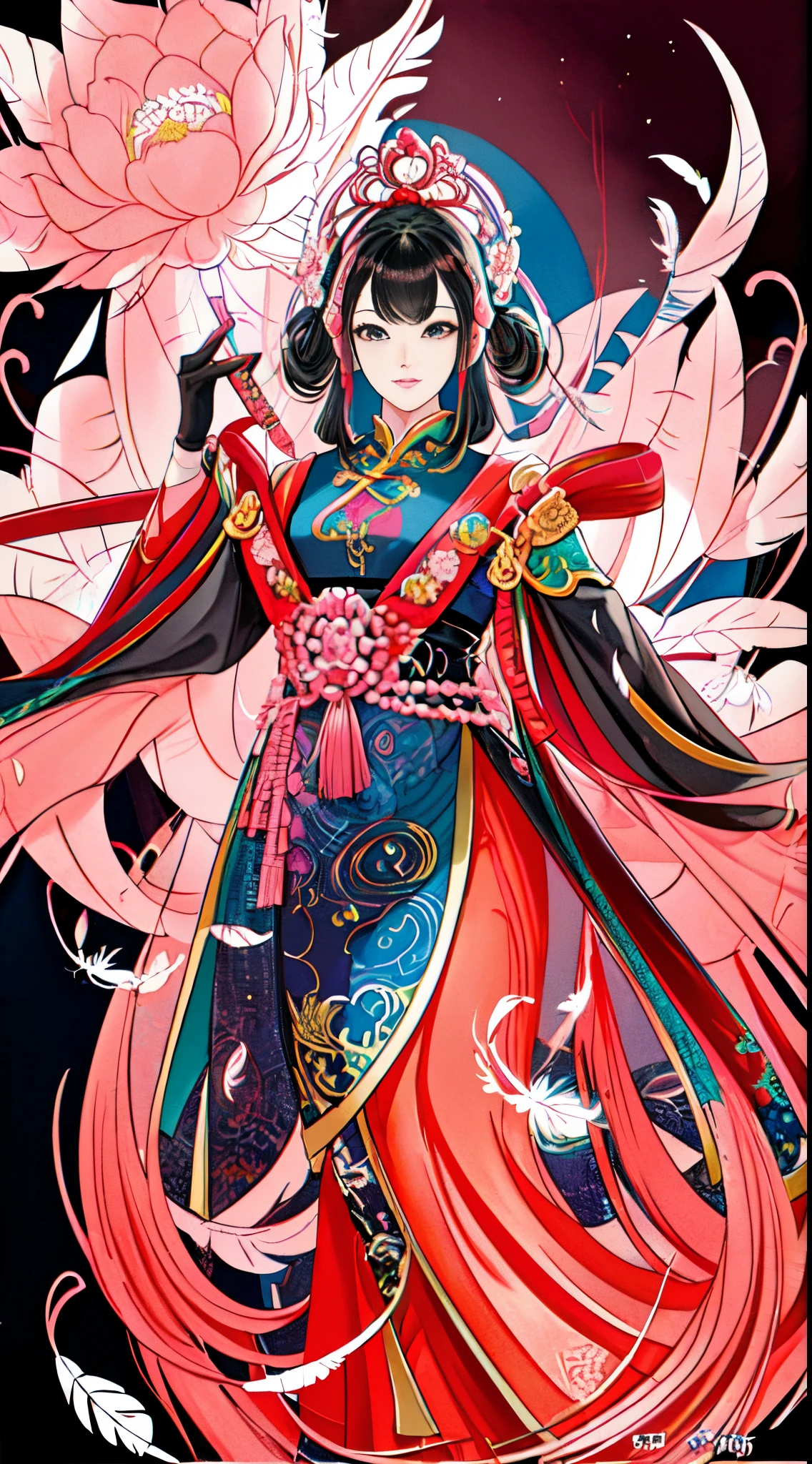 erjie, girl in a fluid and dynamic pose, wearing a loose, flowing pink dress, mysterious expression, curly black and pink hair, [Zhang Ziyi|Aishwarya Rai], in a modern and abstract setting, with bold and colorful abstract art, blurred background, bright lighting, official art, unity 8k wallpaper, (zentangle, mandala, tangle, entangle), intricate clothes,zhongfenghua (full body,from everywhere,masterpiece, top quality, best quality, official art, beautiful and aesthetic:1.2), extremely detailed,(fractal art:1.1),(colorful:1.1)(flowers:1.3),highest detailed,(zentangle:1.2), (dynamic pose), (abstract background:1.3), (shiny skin), (many colors:1.4), (feathers:1.5), dynamic angle, the most beautiful form of chaos, elegant, a brutalist designed, vivid colours, romanticism,