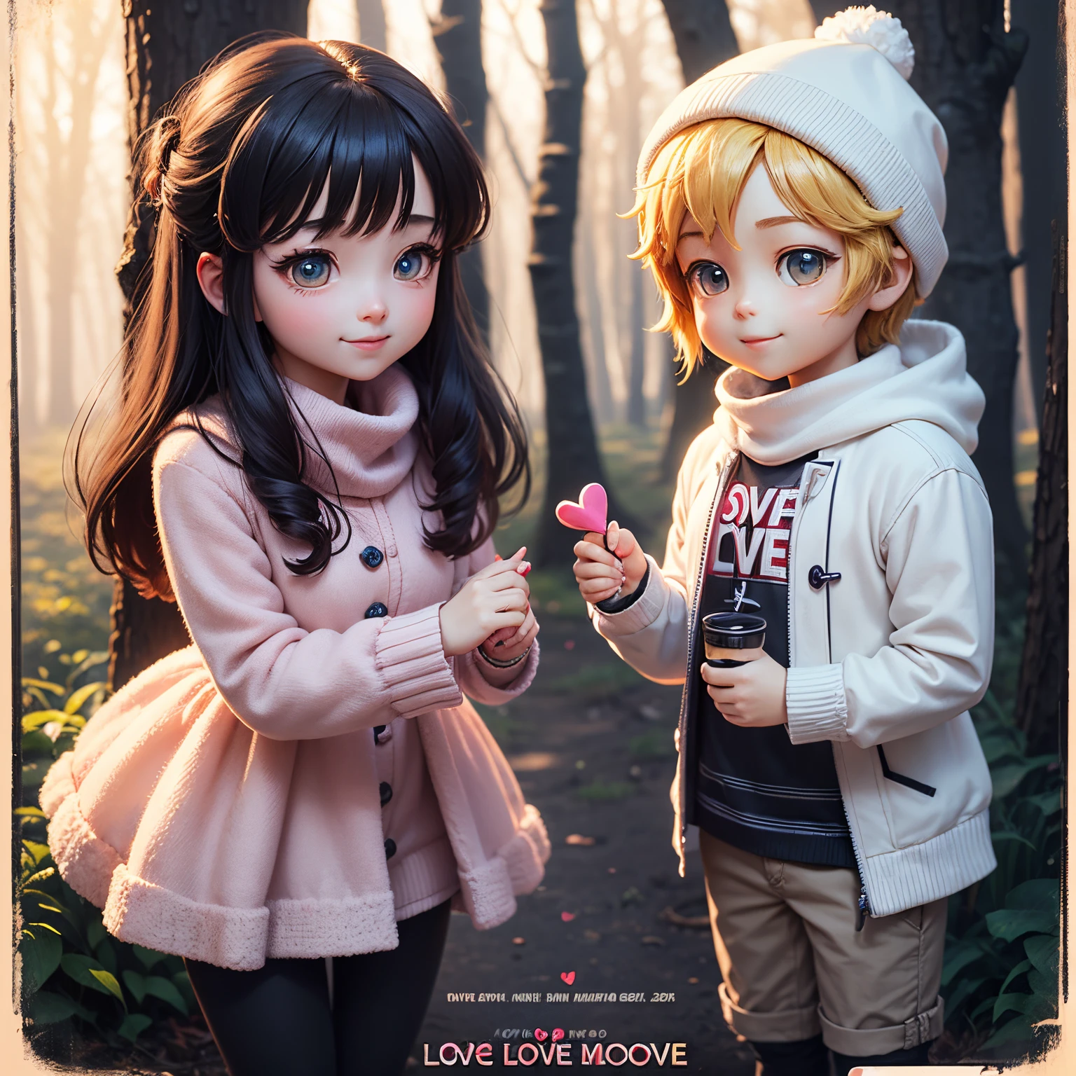 ​masterpiece、top-quality、ultra-detailliert、（Chibi character 3D couple：1.27）、(love movie poster:1.3)、fairy tale winter forest、Standing、a smile