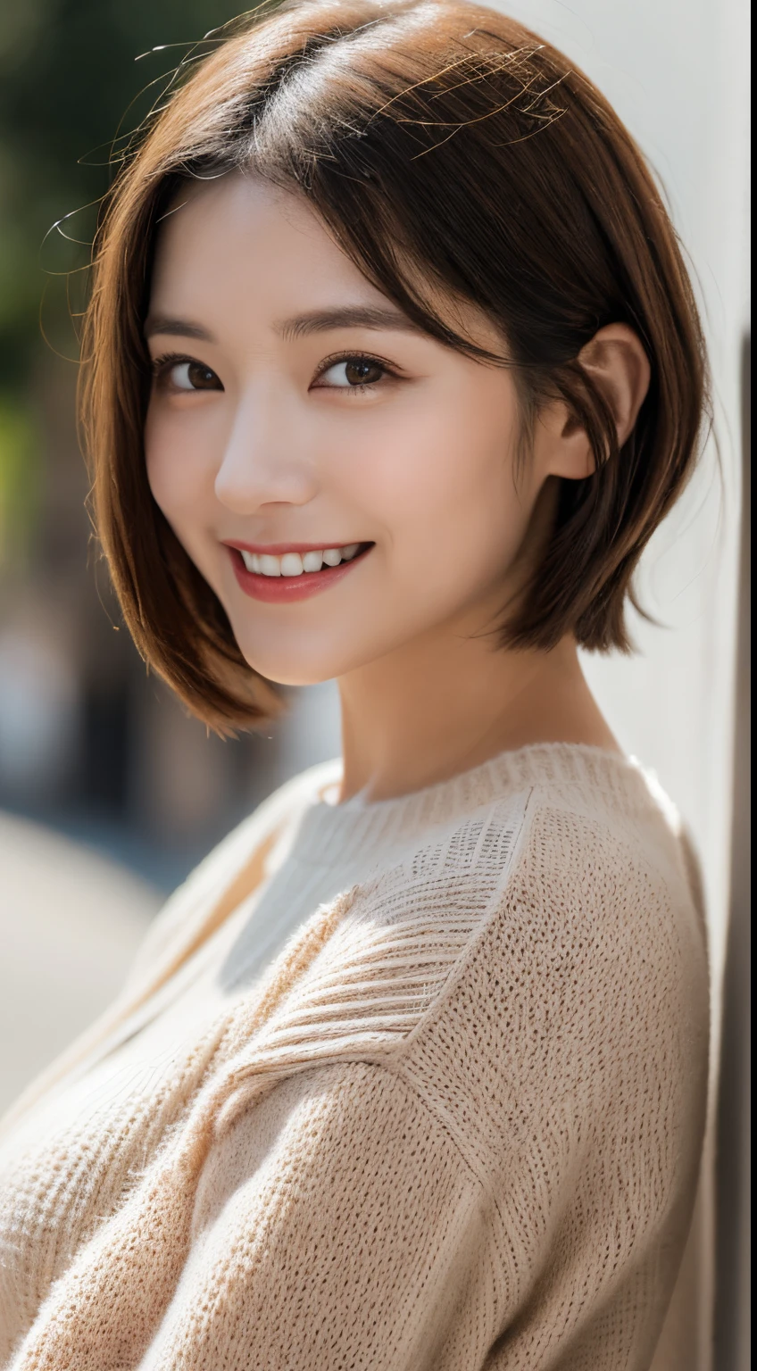 ((8k, RAW photo, highest quality)), (realistic photo: 1.5), (detailed photo: 1.5), (signature photo), (Japan person), (one), (40 years old), (smile), (cute face), (double eyes), (sagging eyes: 1.5), (trimmed eyebrows), (light makeup), (short hair: 1.5), (straight hair), (brown hair), (moderately sized breasts)