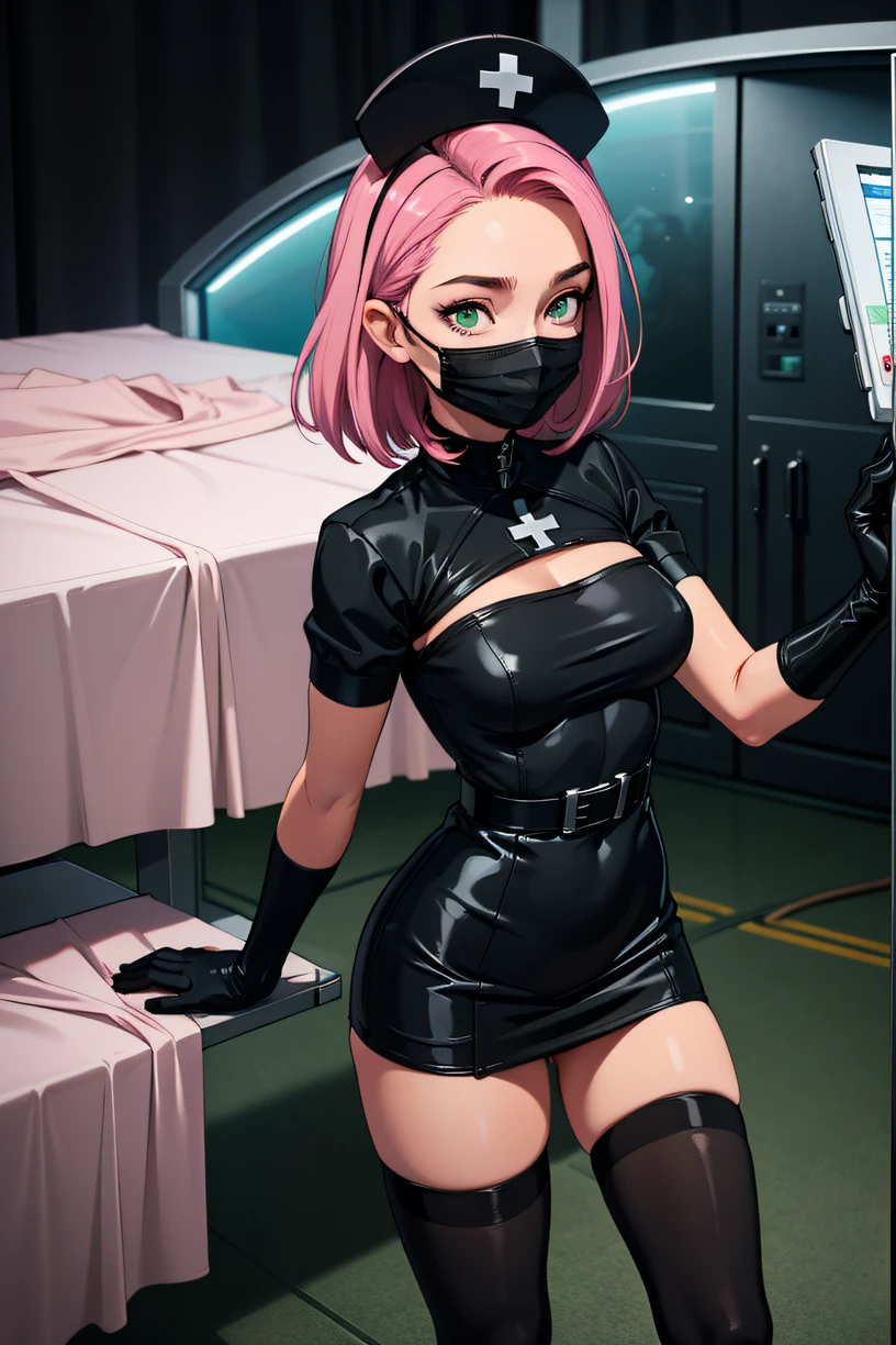 black nurse, 1woman, solo, black nurse cap, black wear, ((black legwear, zettai ryouiki)), black elbow gloves, pink hair, green eyes, drooping eyes, ((black surgical mask, covered nose)), standing, ((surgery room)), sharp outline, short sleeves, mature female, 32 years old, best quality, masterpiece