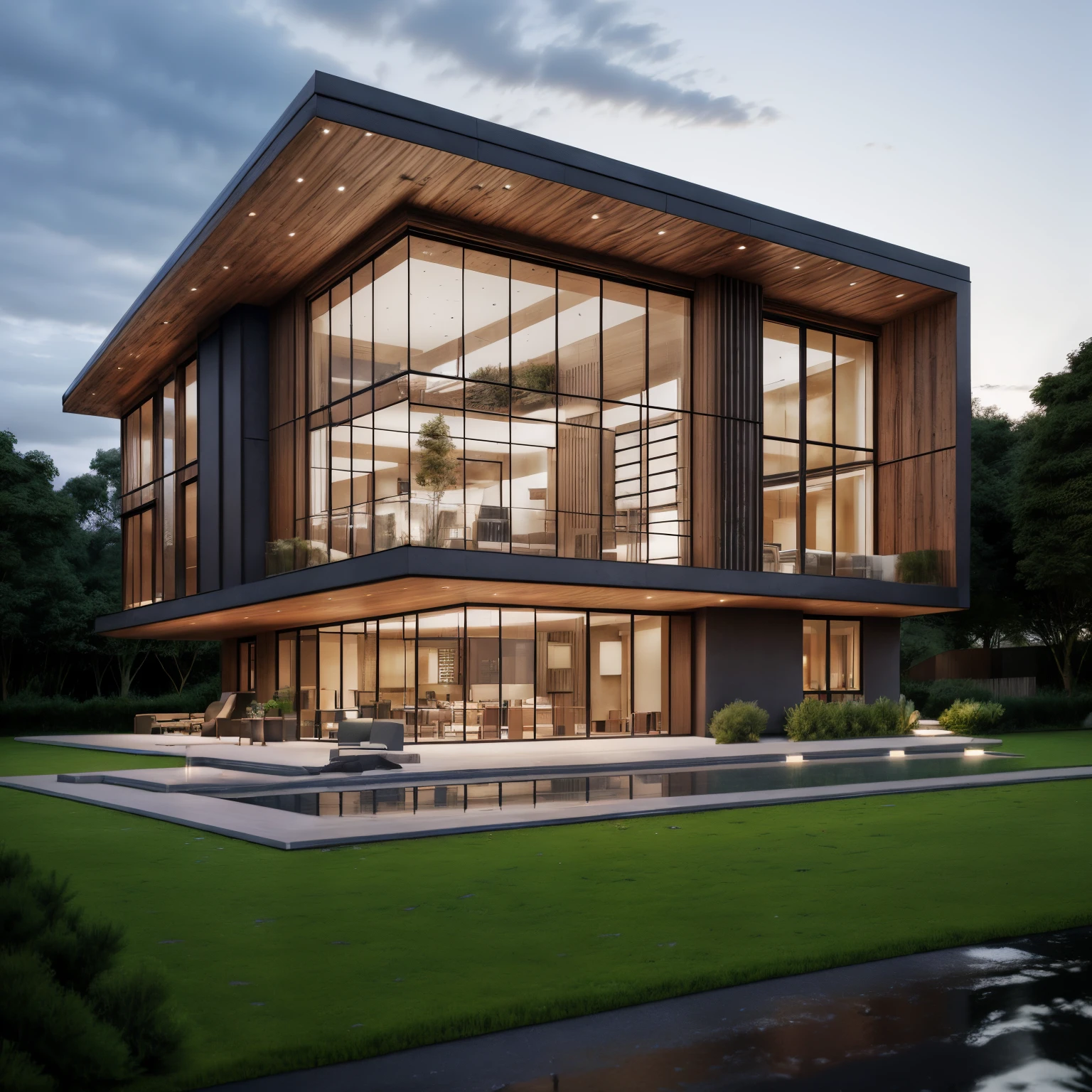 mordenhouse, one-store house, glass house with a sloping roof, modern, dynamic (RAW photo, real, best quality, masterpiece:1.2), (hyper realistic, photo-realistic:1.2), high quality, (dark lighting:1.2), perfect lighting, archdaily