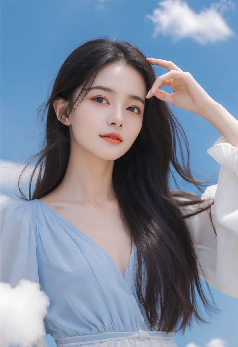 E-commerce photography, a beautiful girl shows beautiful black long hair, extended limbs, in the blue sky and white cloud background, sparkling packaging lens, commercial photography SONY Master lens, soft colors, close to the reality of the composition,