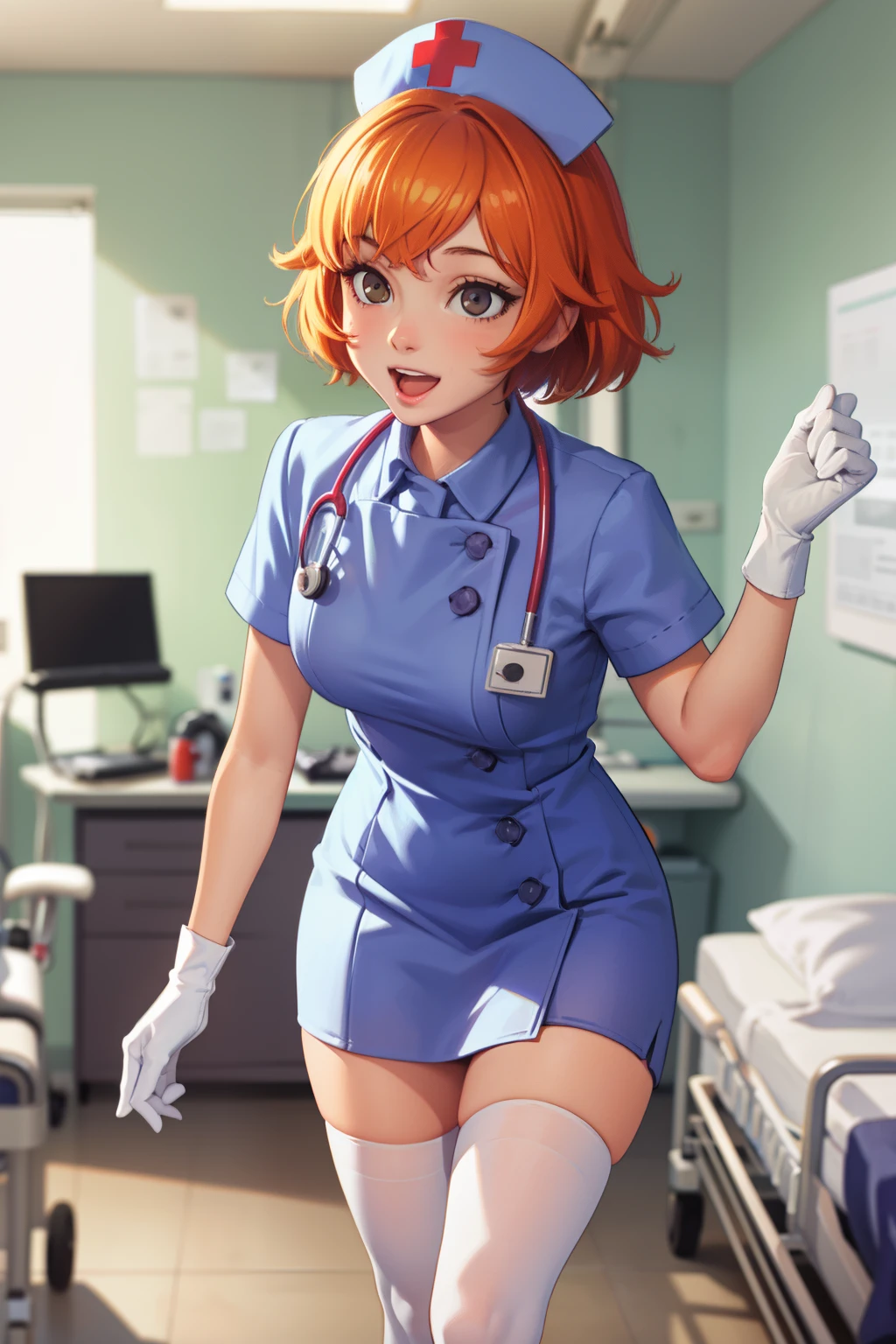 1girl, solo, nurse, nurse cap, white wear, ((white legwear, zettai ryouiki)), white gloves, very short hair, orange hair, smile, open mouth, standing, ((hospital room)), sharp outline, short sleeves, tomboy, boyish, best quality, masterpiece