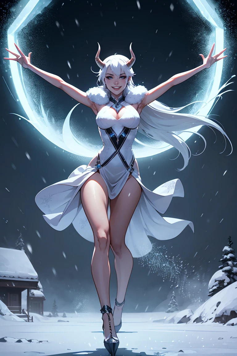 full length view of young smiling female ice demon, wearing heels, with horns, controlling blizzard with her arms and body in dynamic motion, surrounded by blizzard and ice, cold winter themed, hyper detailed, cinematic light, endless melody