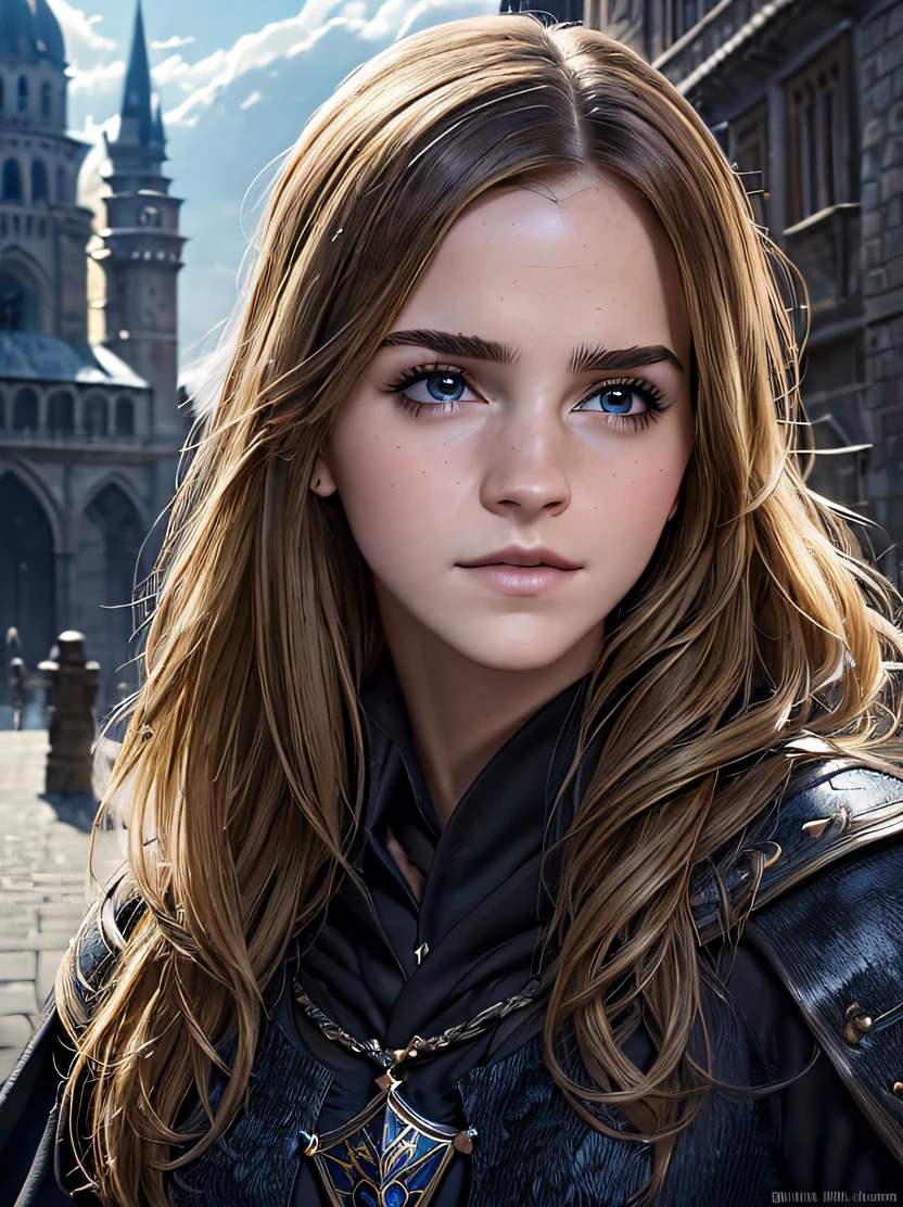 (((masterpiece、top-quality、ultra-detailliert、ighly detailed)))、Unique lighting effects、cowboy shot、face lights、(((Portrait of a 40 year old female wizard)))、cowboy shot、femele、Emma watson、Elegant person、slender physique、Sorcerer、Black magician's robe with delicate and intricate pattern(Hooded)Wearing、(Wearing a black hood)、Dirty Blonde Hair、Big blue eyes、Detailed face and eyes、Sharp eyes、Focus from the waist up、A slight smil、Detailed hand depiction、Summer afternoon、University Auditorium、Medieval city gate behind、Fantasyart、dark fantasy vibe、Dynamic action、watching at viewers
