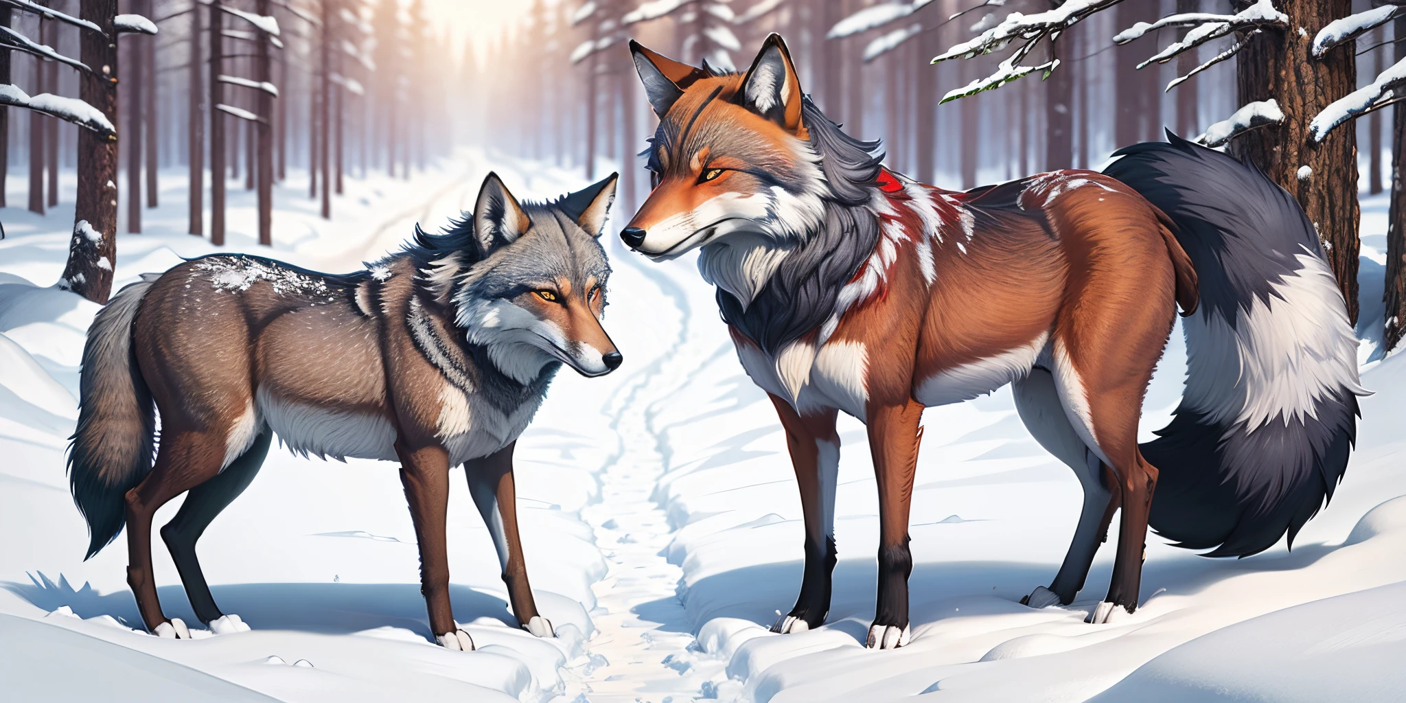 grey wolf and red fox in a snowy forest cartoon