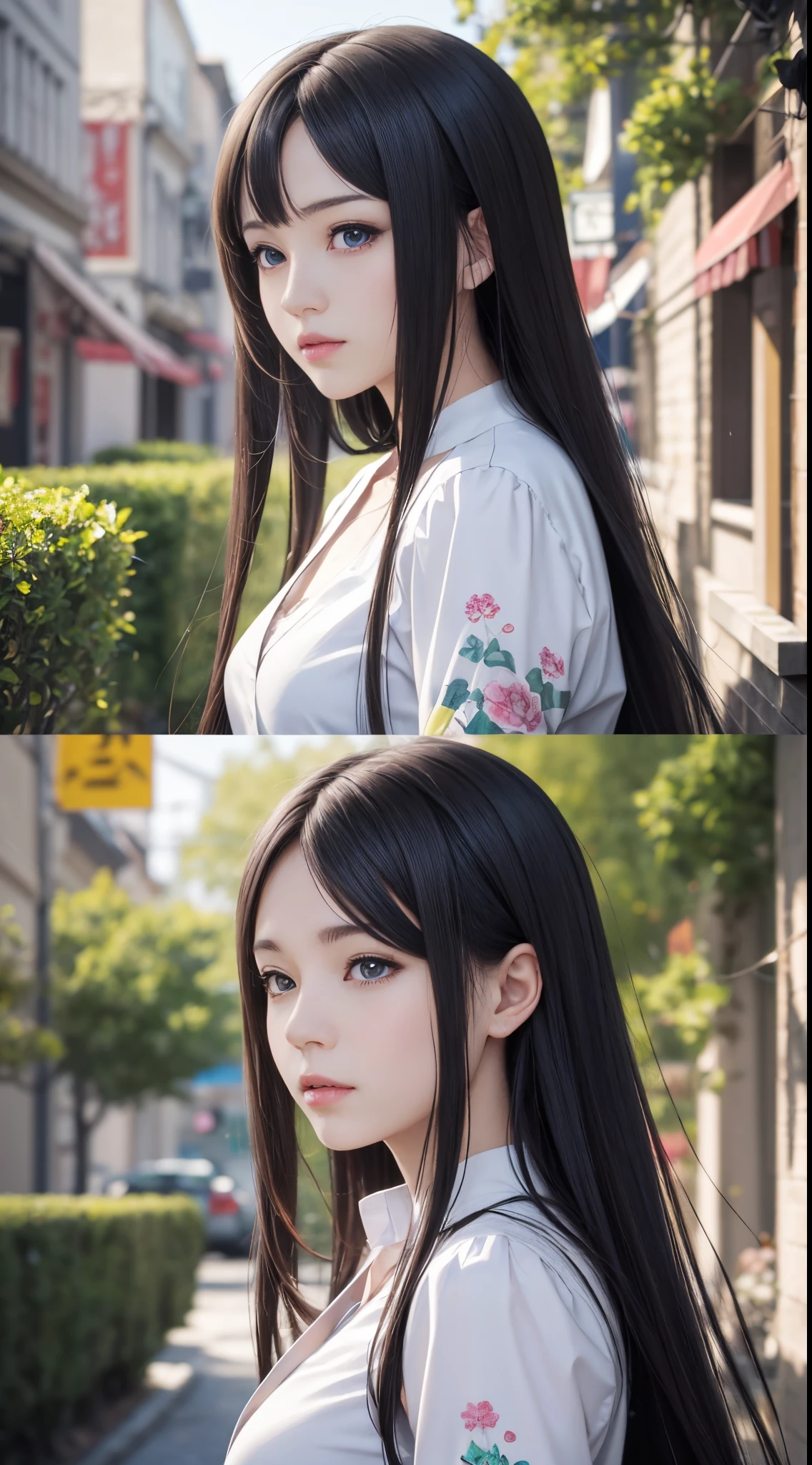 Anime girl with long black hair and blue eyes,smooth anime cg art,realistic anime 3D style,Realistic anime art style,detailed digital anime art,Digital anime illustration,Realistic anime art style,kawaii realistic portrait,detailed portrait of an anime girl,A beautiful anime portrait,photorealistic anime girl rendering,realistic young anime girl, Portrait anime girl,Full body lesbian,Landscape exterior