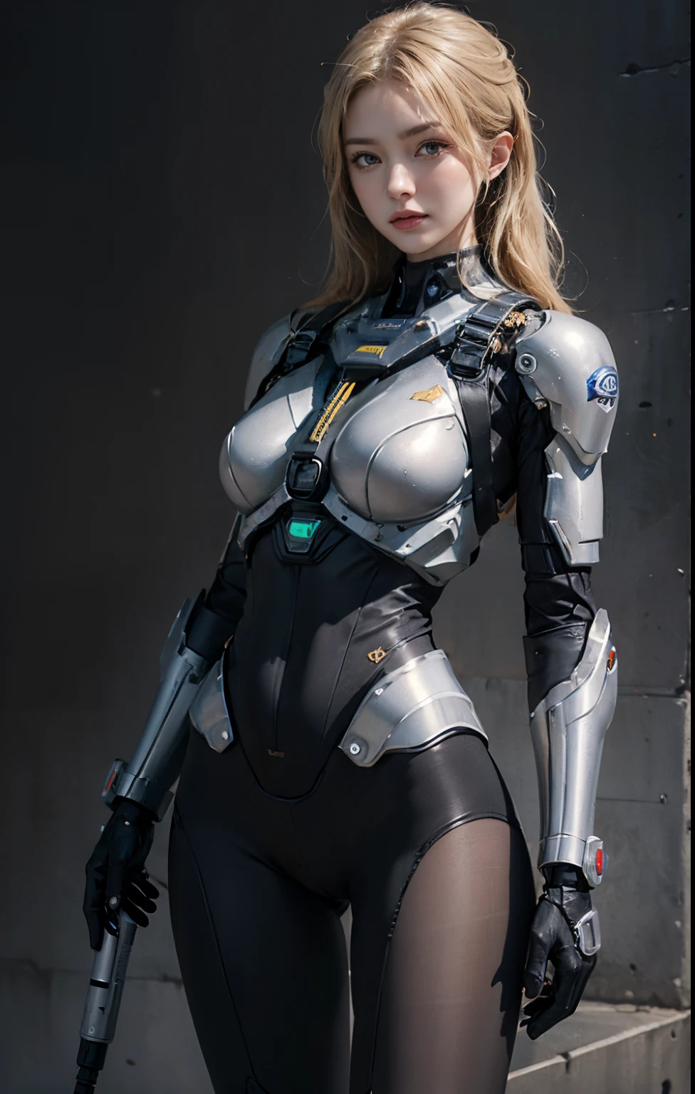 Highest image quality, excellent details, Ultra-high resolution, (Realism: 1.4), ((close up:0.75)), One woman is so condensed, With a beautiful and delicate face, perfectly proportions, Targeting your audience, Small breasts), Golden hair, (high tech suit), (If you compare a cyborg to a police uniform,,, Black and gray mechs, military harness, holding a machine gun, Carry Hitchtech flamethrower tank), Simple gray wall on background,