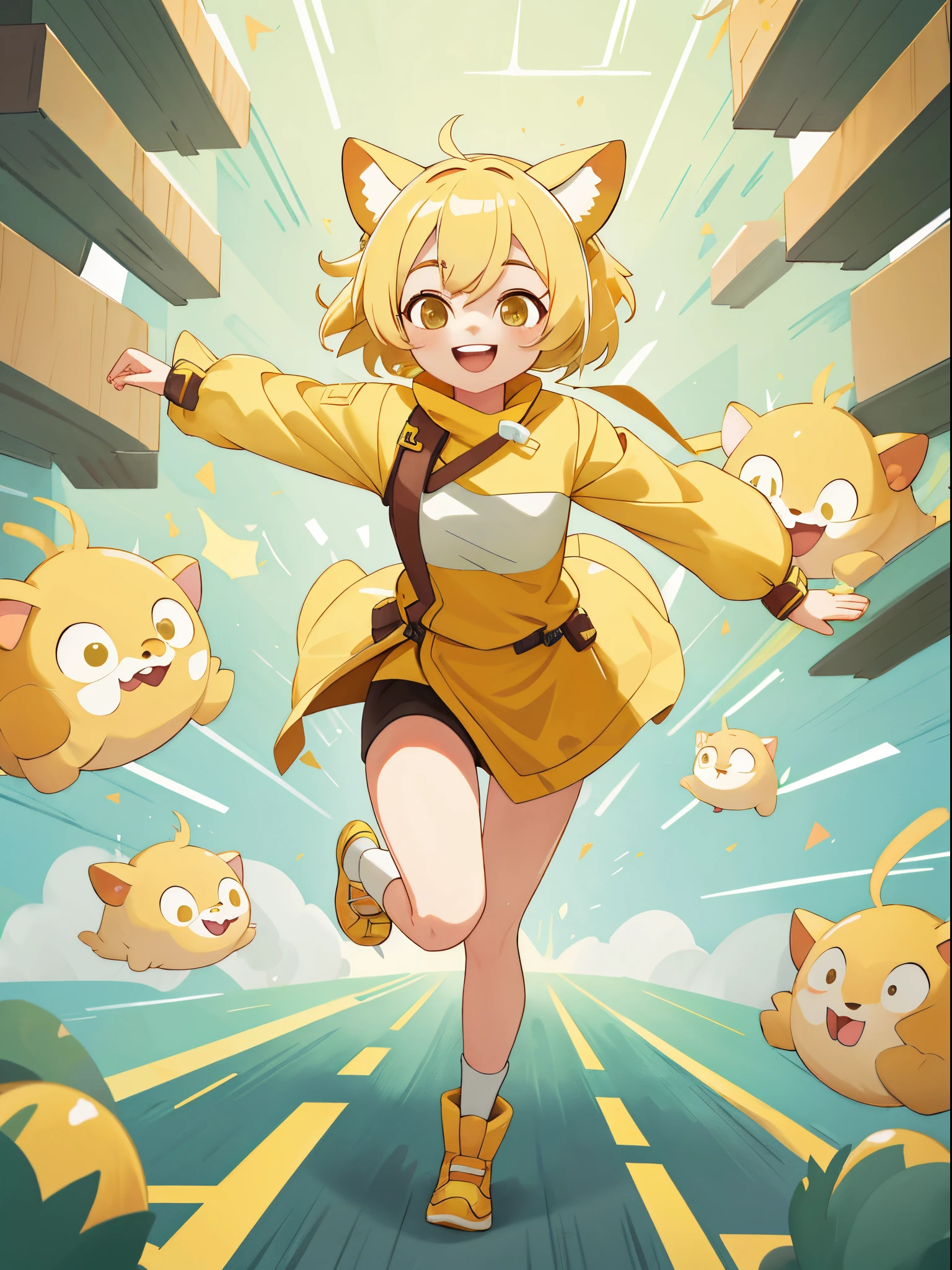 masterpiece, best quality, 1girl, solo, antasy, blonde short hair, animal ears, action, dynamic, run, smile