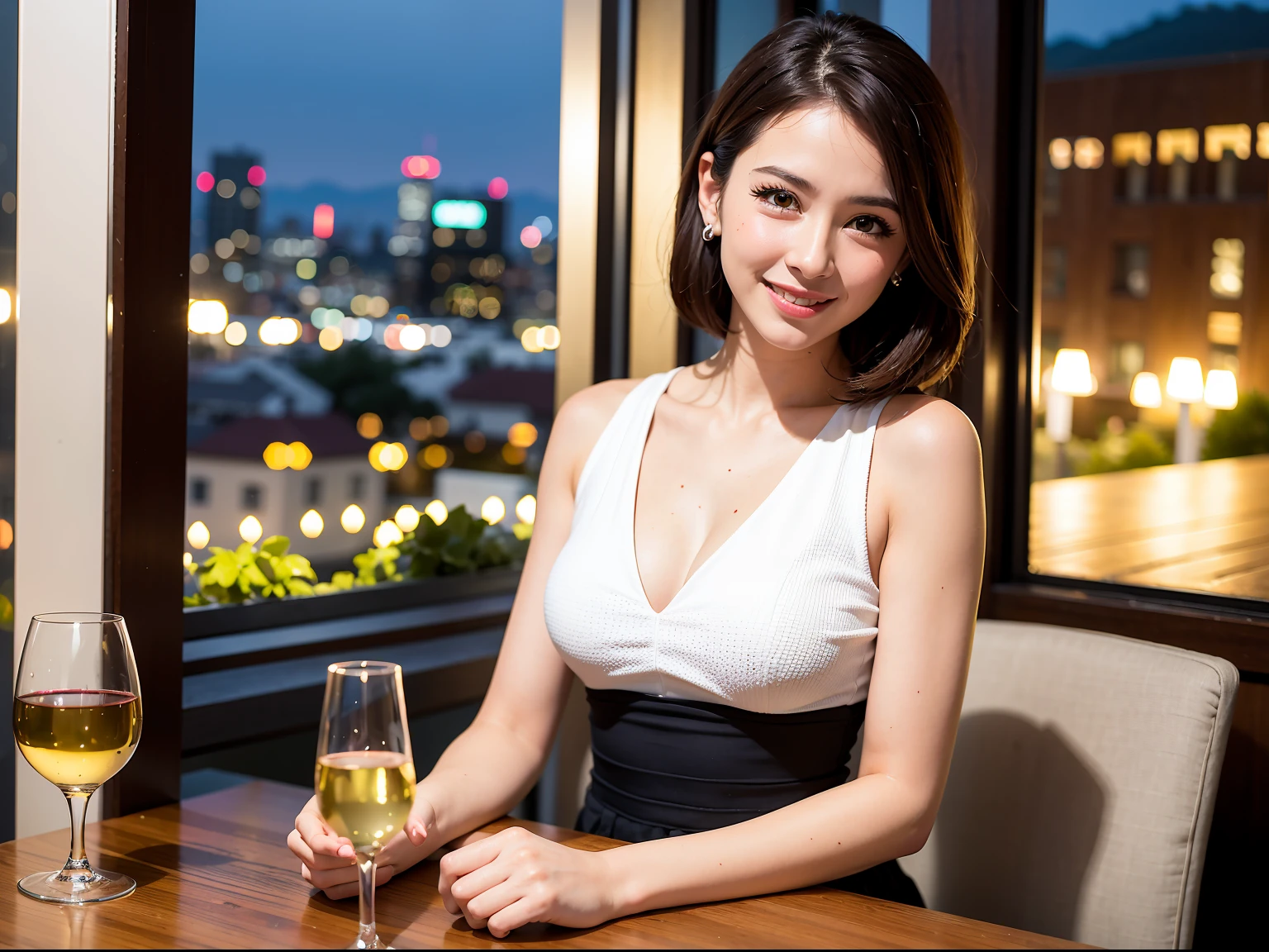 (64K, UHD, top quality, masterpiece: 1.2), (realistic, photorealistic: 1.37), super detailed, pretty woman 1 person, (slim face), (slim body), (brown hair), (short cut), cheeks slightly blushing, (35 years old), 38 years old, solo, beautiful detailed urban night view outside the window, restaurant, wine glasses sit, at night, in a prominent place (from the waist up) NovaFrogStyle, Actress, Model, Waist Up, White Wine, Slim, Wine Glass, Super Clean Night View, Wine Glass Put in the Middle, Happy Smile, (Smile: 1.15), Beautiful Fine Eyes, Upper Body, Bust Japan Up, Night, Short, Short, Actress, Model, Waist Up, White Wine, Slim, Wine Glass, Super Clean Night View, Wine Glass Put in the Middle, Happy Smile,