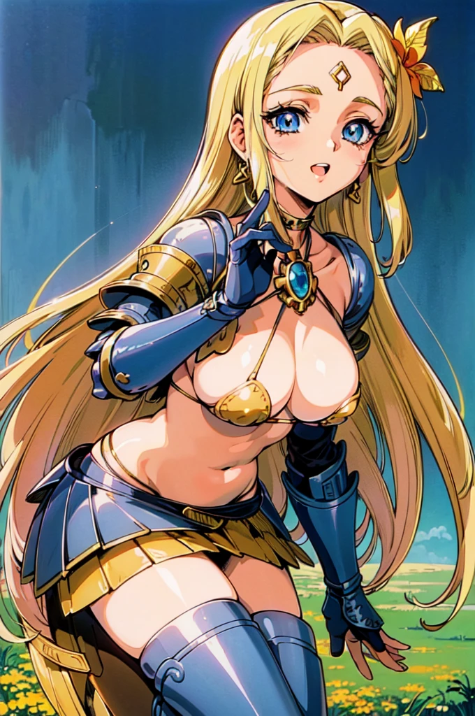 "(masterpiece:1.1), best quality, NSFW,
1girl, (80s anime style:1.3), (eyelashes:1.5), (:1.2),
(intricate high detailed body:1.2),
(blonde hair:1.1), (forehead:1.1), (long hair, straight hair:1.1), (flower brooch, hair ornament:1.2),
blue eyes,
(dark skin:1.5), (medium breasts:1.1),
(light smile:1.2), open mouth,
(golden embroidery bikini armor, criss-cross halter:1.2), (mini skirt:1.2),
(knight armor, armored boots:1.2), (belts:1.1), (earrings:1.1), long gloves,
standing, leaning forward,
(upper body, cowboy shot, looking at viewer, from front:1.1),
(daytime, grassland, outdoors:1.2)"