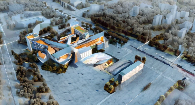 Drawing of building with swimming pool and stairs leading to it, digital model, Detailed model, detailed render, conceptual, iso-distance view, 3 d model, 3 d model, a digital rendering, perspective view, center model buildings, Isometric perspective drawing, modeled, complete model, 3D modeling, 3D modeling, 3d rendered model, detail render,Hot Spring Hotel,mountain architecture
