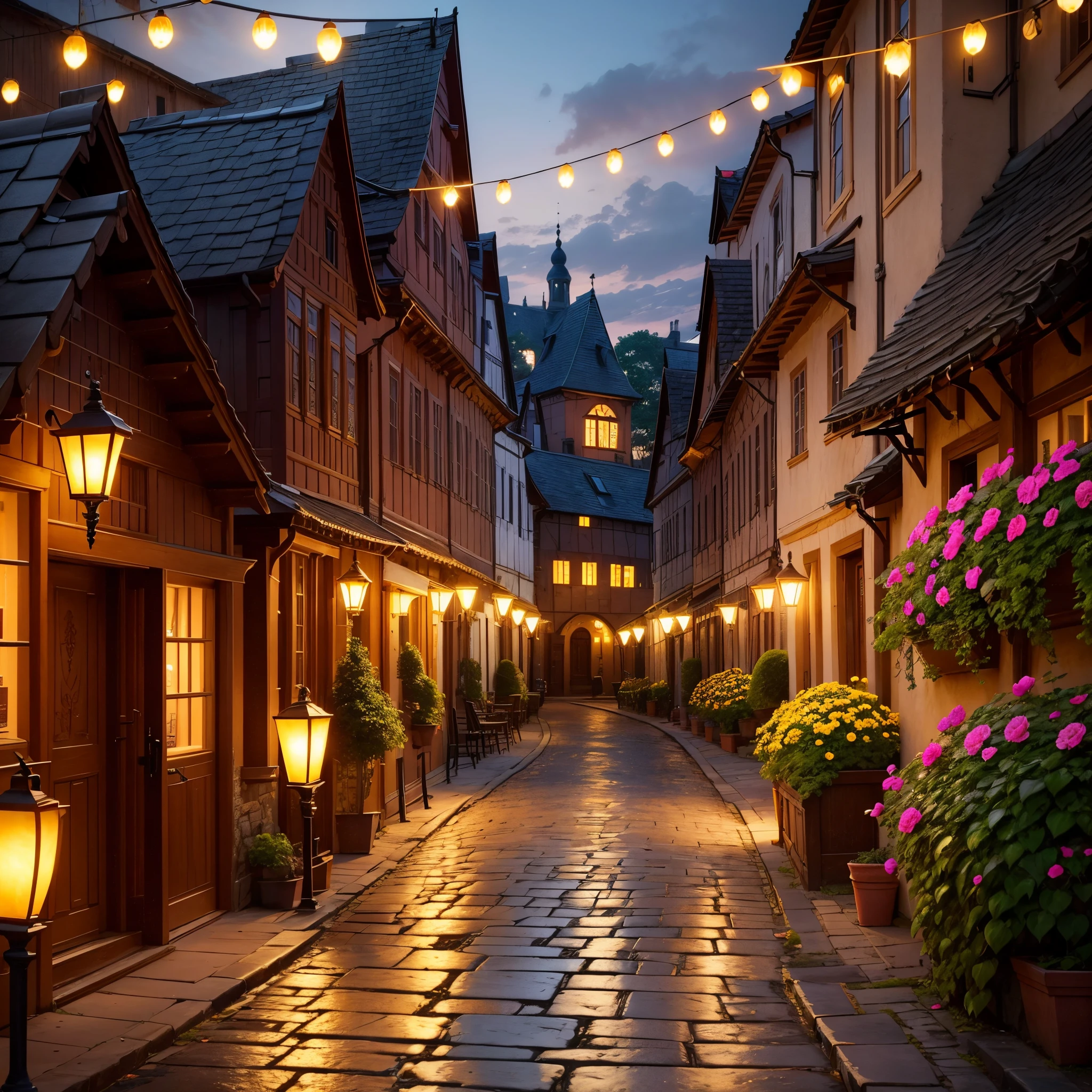 "Create an image of an enchanting old town square at dusk. Picture narrow cobblestone streets lined with intricately carved lampposts, each emitting a warm, amber light. The facades of quaint buildings showcase a rich tapestry of aged bricks and wooden shutters, adorned with cascading flower boxes bursting with vibrant blooms. Capture the play of shadows as the last rays of sunlight gently caress the historic architecture, creating a scene that exudes timeless charm and serenity."