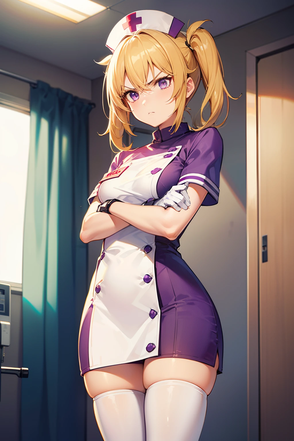 1 girl, alone, nurse, nurse cap, white clothes, ((white legwear, zettai ryouiki)), white gloves, twin tails, yellow hair, purple eyes, smile, Are standing, ((hospital room)), sharp outline, short sleeve, highest quality, masterpiece