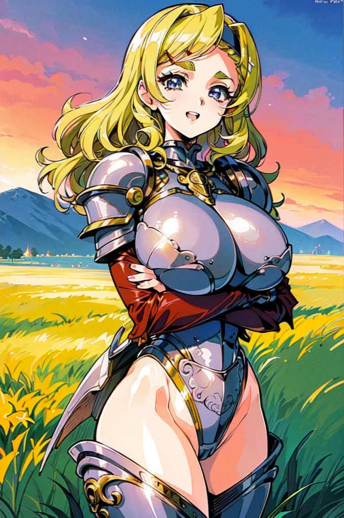"(masterpiece:1.1), best quality, , 
1girl, (80s anime style:1.3), (eyelashes:1.5), (loli:1.2), 
(intricate high detailed body:1.2), 
(blonde hair:1.1), (forehead, parted bangs, hairclip:1.1), (short hair, wavy hair:1.1), (headband:1.2), 
brown eyes, (thick eyebrows:1.1), 
(perfect world gigantic, :1.5), 
(grin:1.2), open mouth, 
(high cut leotard armor:1.2), 
(spiked knight armor, armored boots:1.2), (accessories:1.1), collar, 
standing, crossed arms, 
(upper body, cowboy shot, looking at viewer, from front:1.1),
(daytime, grassland, outdoors:1.2)"