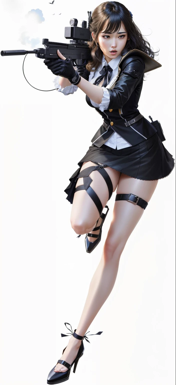 (Best quality at best,A high resolution),Detailed pubic hair, A woman in a short skirt posing with a gun, Black, New black, 2b, 2b, Neil: protagonist of automaton, angelic witch hunter, black and white photography, Yukari Yukari'garments, Detailed pubic hair. Girl Front, Scenes full of unstable black emotions, photorealistic anime girl rendering, April renderings, New black