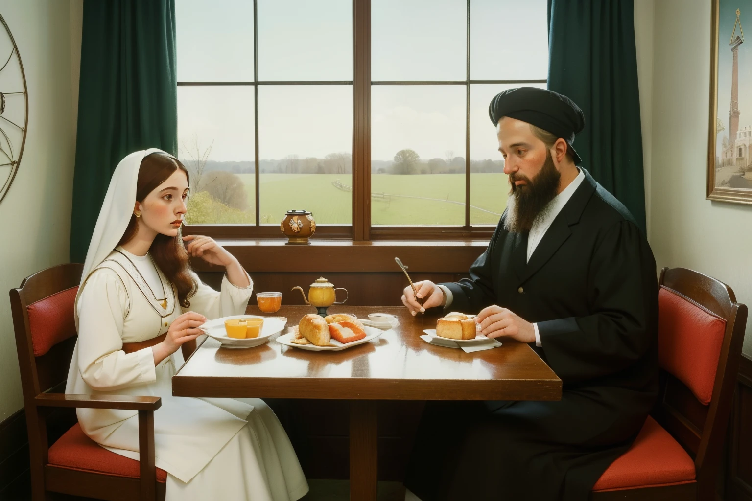 1997, Ohio countryside. Pre-raphaelite scene with an orthodox jewish old married couple, breakfast, homely, ample view of the whole room, ((mdern and dull, black and white orthodox clothing)), ((Wes Anderson cinematic style)), colorful