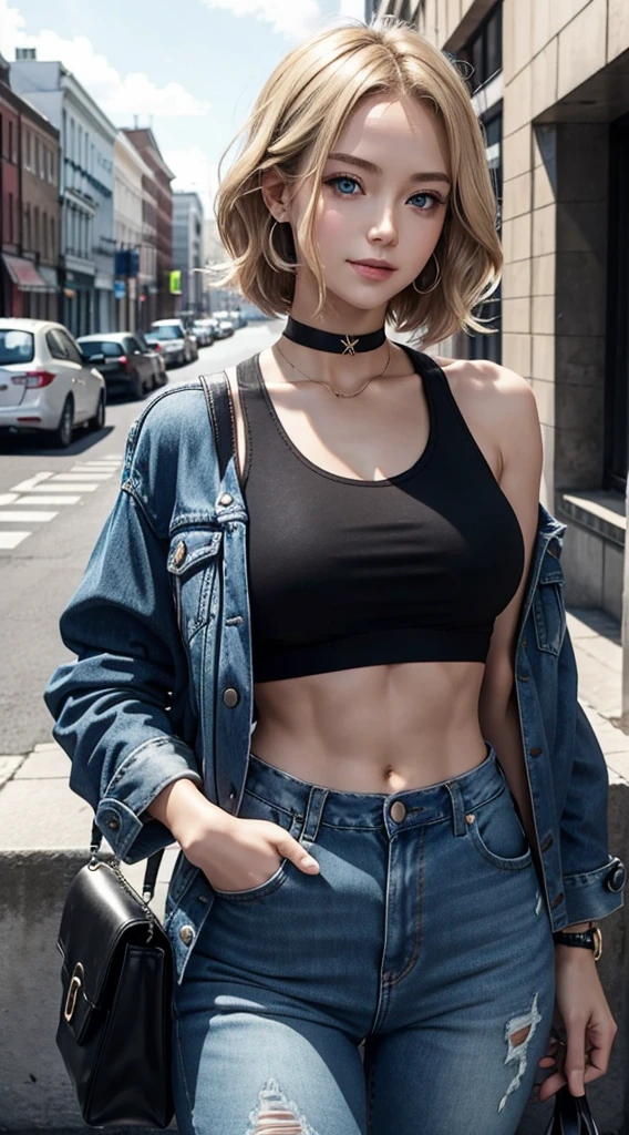 A 23-year-old white woman with unparalleled beauty.、blue eyess、dark blonde、hair is wavy、Short Bob、leaning against a wall on a city street、a smile、View from the front、wearing black tanktop、wearing a black choker、I'm wearing hot pants made of jeans fabric with tight distressing.、You have one hand in your pocket、The navel is out、My abs are cracked、Slender yet well-proportioned body、sunlight is shining from above、Photorealistic images、8K picture quality、I'm punching my chest、I don't want my head to disappear from the screen.、The color of the jacket is random、I'm wrapping my jacket around my waist、I'm pulling my hair up、Wearing accessories on your wrist